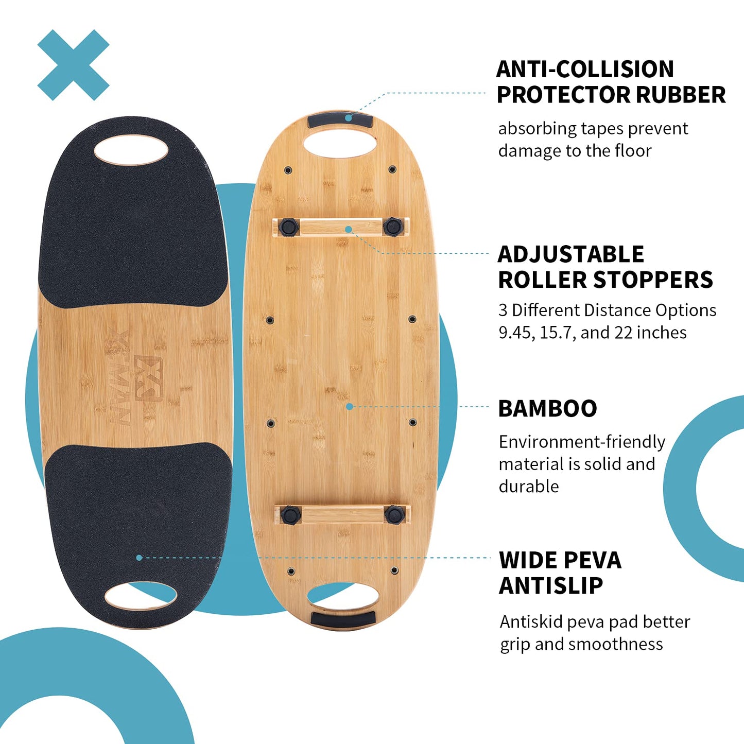 XCMAN Balance Board Surf Trainer with Adjustable Stoppers - 3 Different Distance Options Bamboo Balance Board for Surfing, Snowboarding, Skiing, Skateboarding, Yoga Training