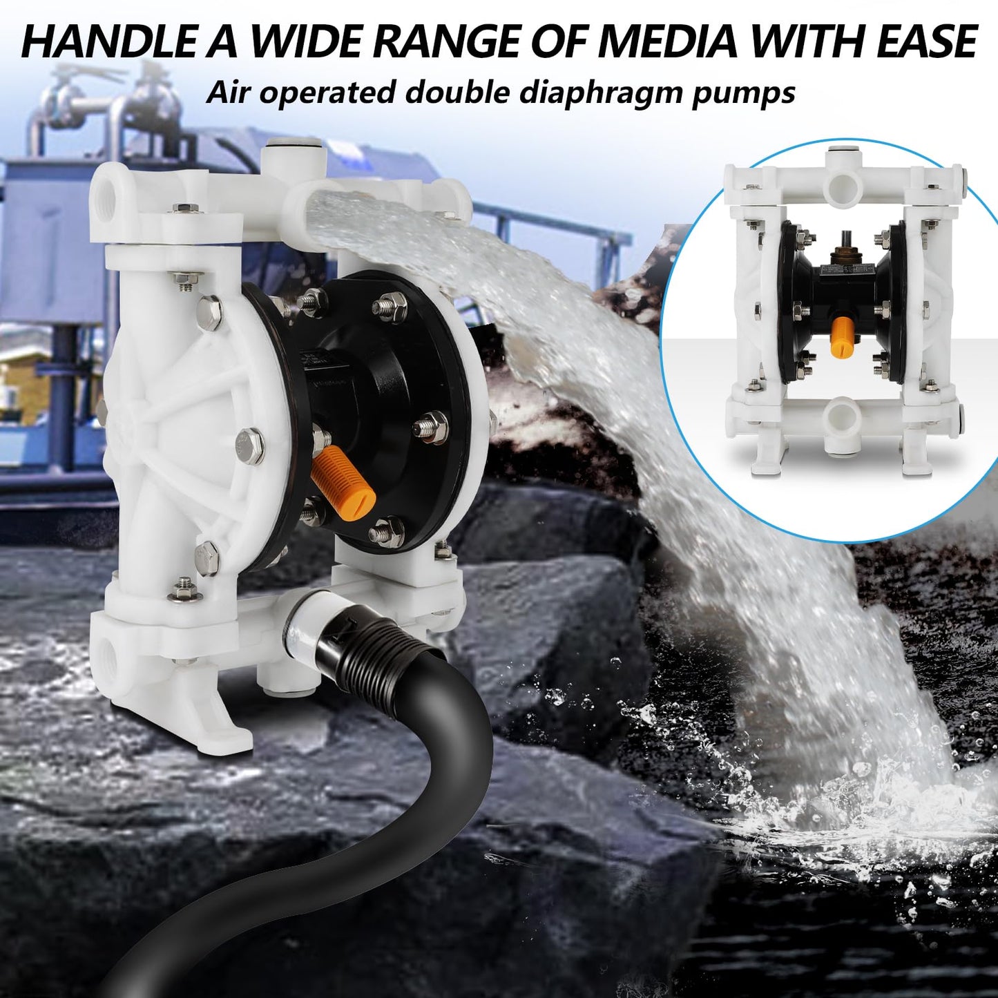 Dollate Air Operated Double Diaphragm Pump 1/2 nch Inlet/Outlet，QQBK-15 12 GPM Dual Diaphram, Air Diaphragm Pump Dual Diaphragm Air Pump 12 GPM Max 115PSI，Nitrile, Pneumatic Waste Oil Transfer Pump