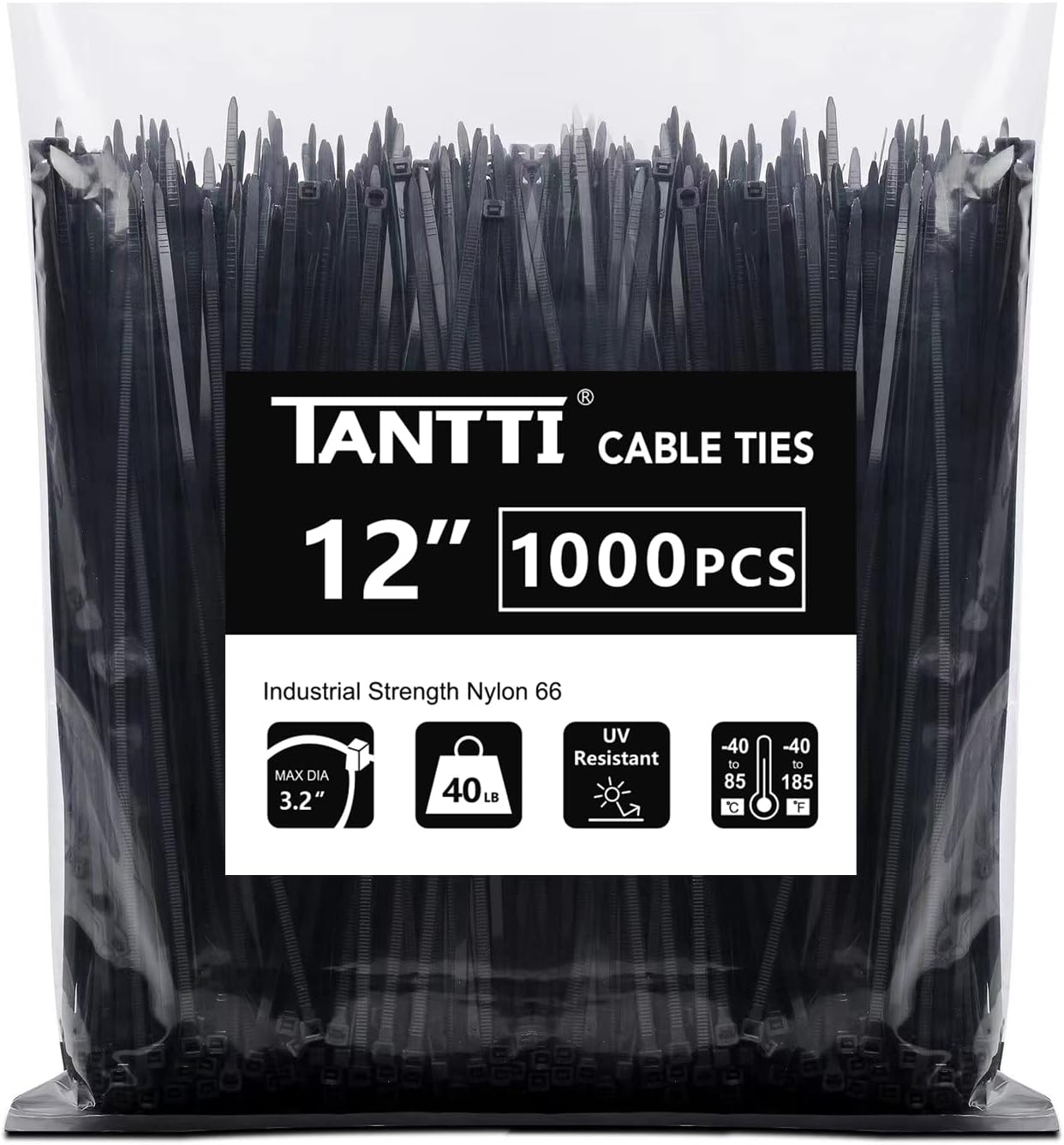 TANTTI 12 inch, 1000 pack, 40lb, Zip Ties Black Zip Ties Cable Ties, Self-locking Wire ties for indoor and outdoor use