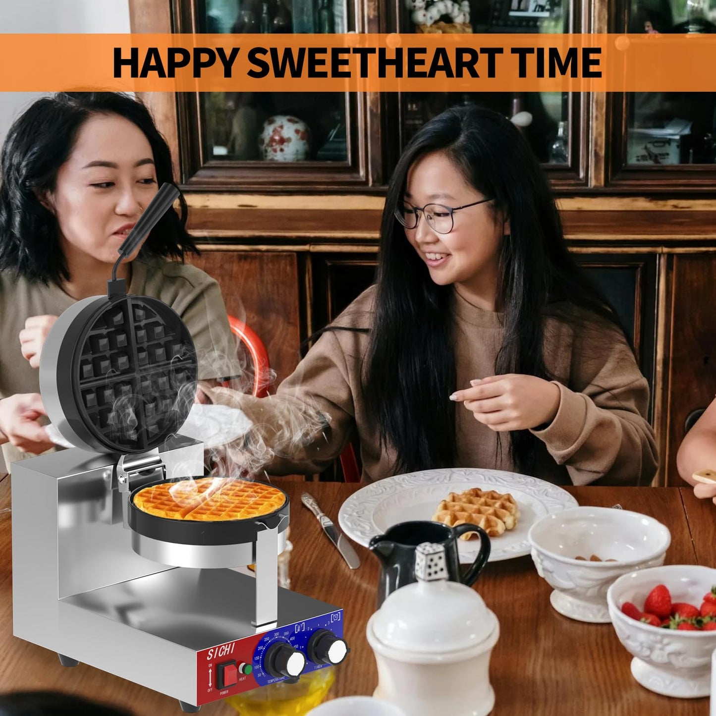 HTTSICHI Commercial Waffle Maker - Belgian Waffle Maker w/Non-stick Baking Pan and 550℉ Heating, 1200W Rotating Waffle Iron for 1.2" Thick, Stainless Steel Round Waffle Machine for Restaurant