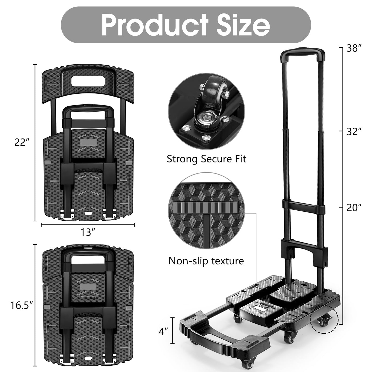 Voipvvii Folding Hand Truck 500lbs, Portable Heavy Duty Dolly Cart, 6 Wheels Collapsible Luggage Cart with 2 Elastic Ropes - Compact Trolley Cart for Easy Moving - Ideal Hand Cart for Travel and More