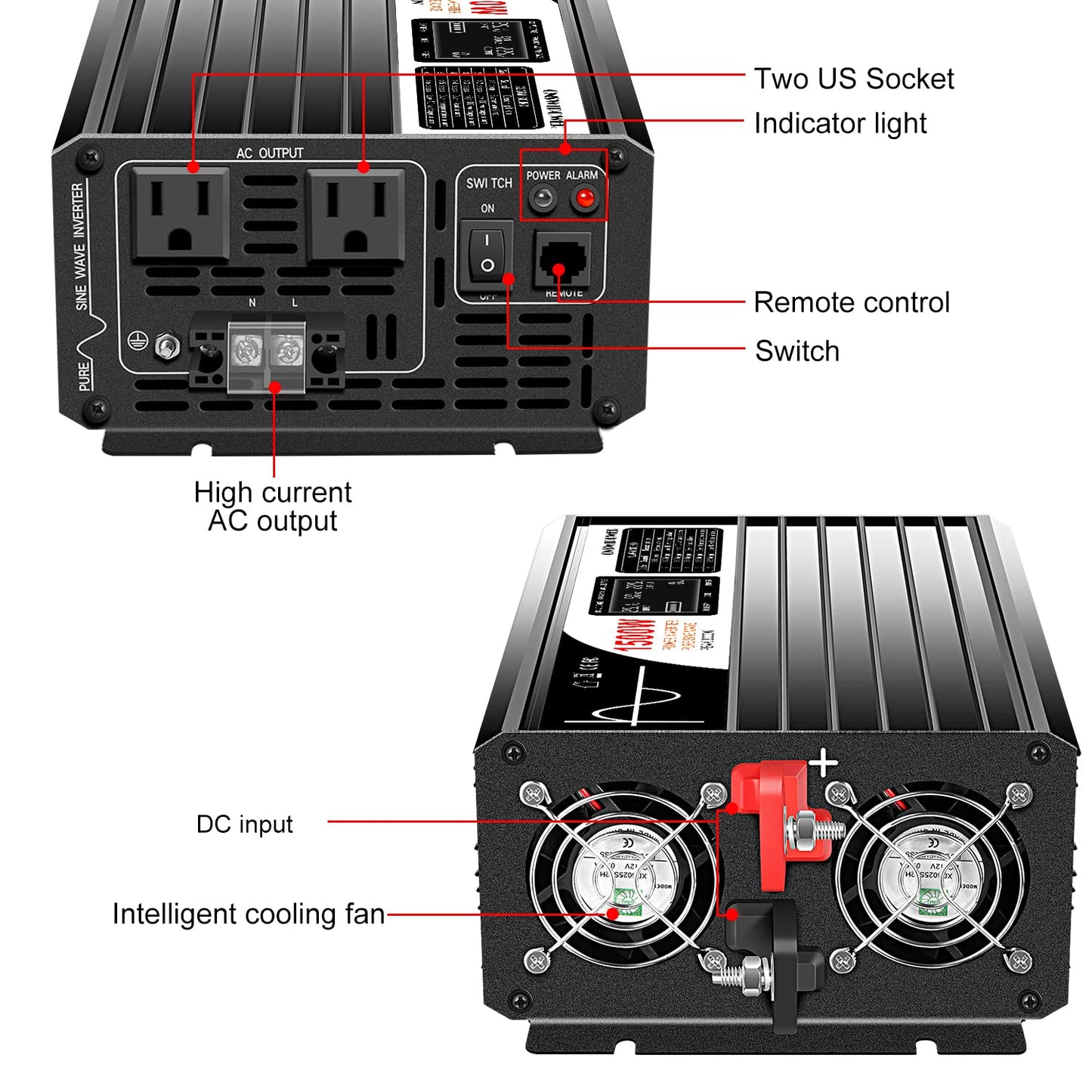 Xijia 1500W Power Inverter，24V to 120V Pure Sine Wave Inverter，Surge 3000W Solar Converter for Truck，Home Backup Solar Systems ，with Bluetooth Remote Control