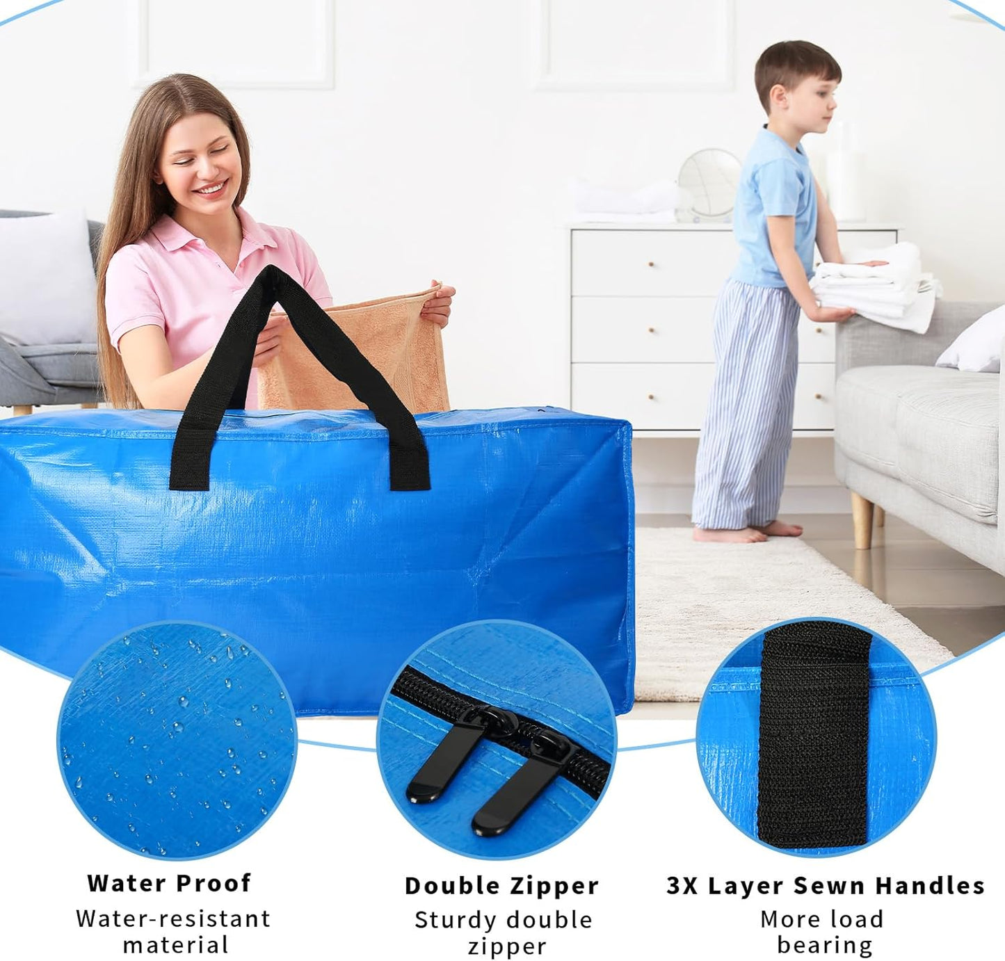 Skiennix 4 Pack Heavy Duty Extra Large Moving Bags - Strong Handles & Backpack Straps - Blue Storage Solution