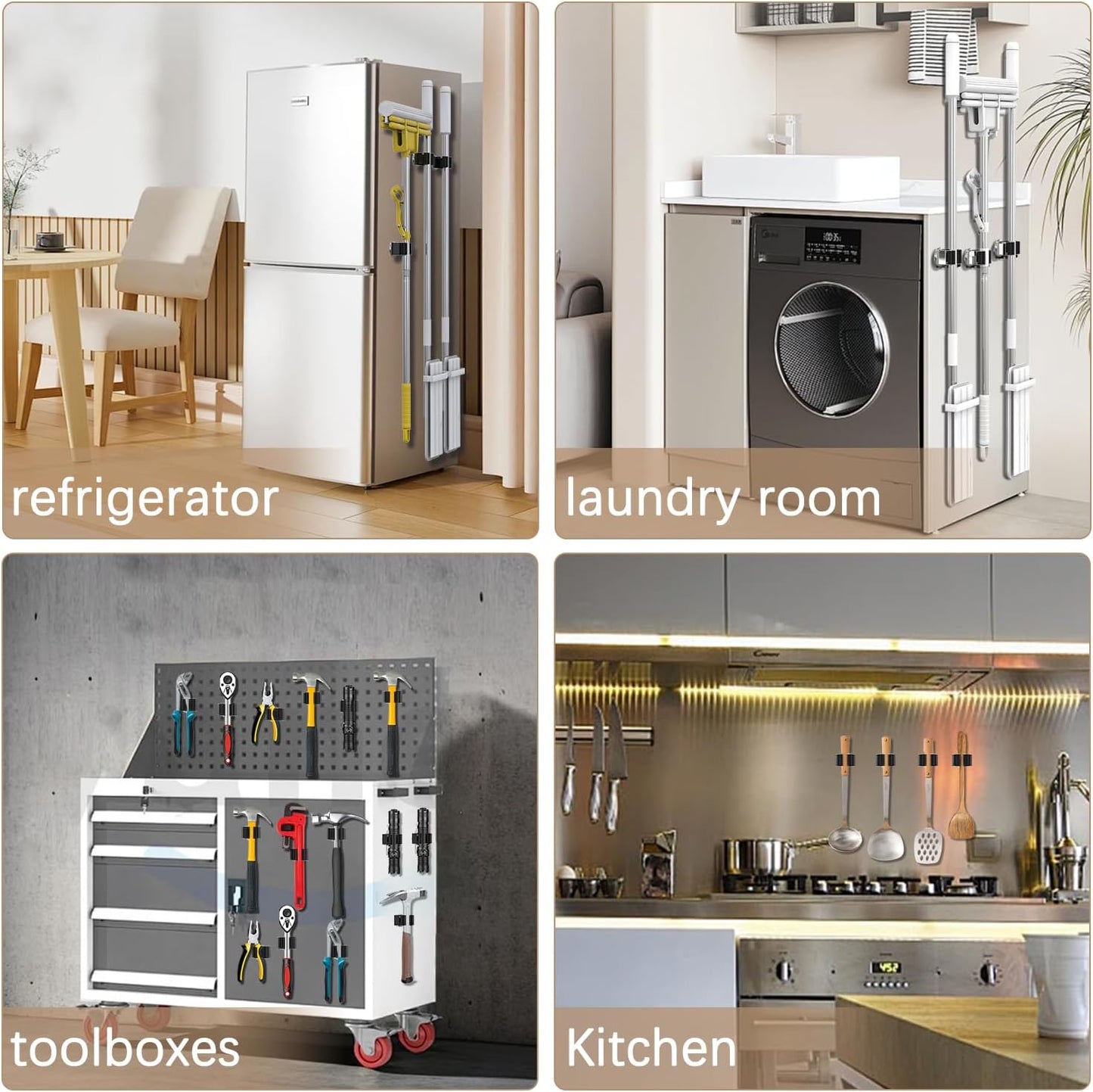 3-H Magnetic Broom Holder - 304 Stainless Steel Wall Mount Tool Organizer with Mini Hooks | Silver