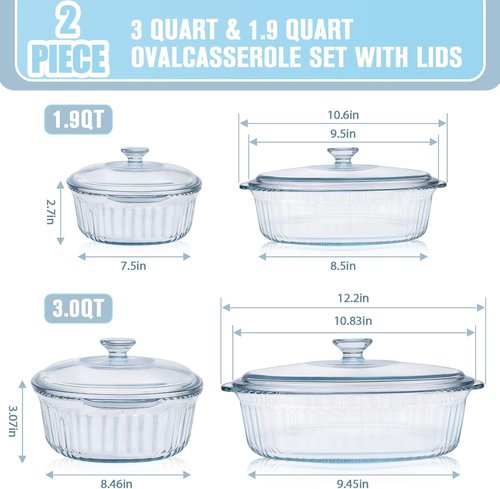 Clear Glass Baking Dishes by [Brand Name] - Casserole Dishes with Lids | 1.9 Qt & 3 Qt Set for Oven Cooking