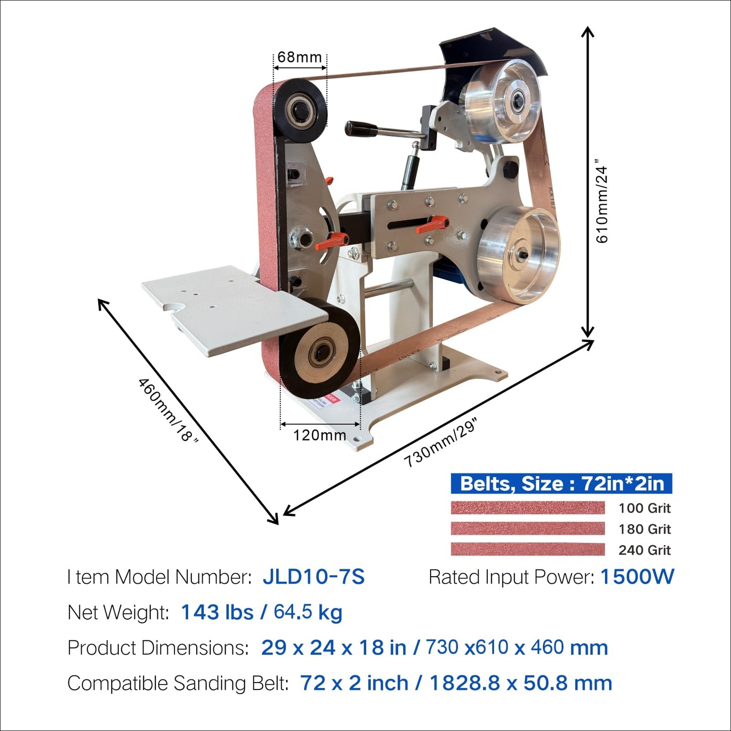 Belt Grinder Sander, 2x72 Inch Belt, 1500W Electric Motor with 2.2KW VFD, 2 sets of grinding kits with 3 grinding methods,Vertical and Horizontal operation includes 3 sanding belts.