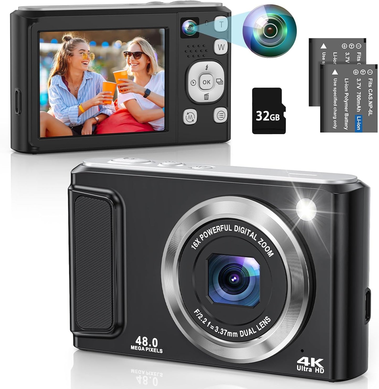DSOEKEU 4K Lens,48MP 16X Digital Camera for Photography with Front and Rear Autofocus Vlogging Camera
