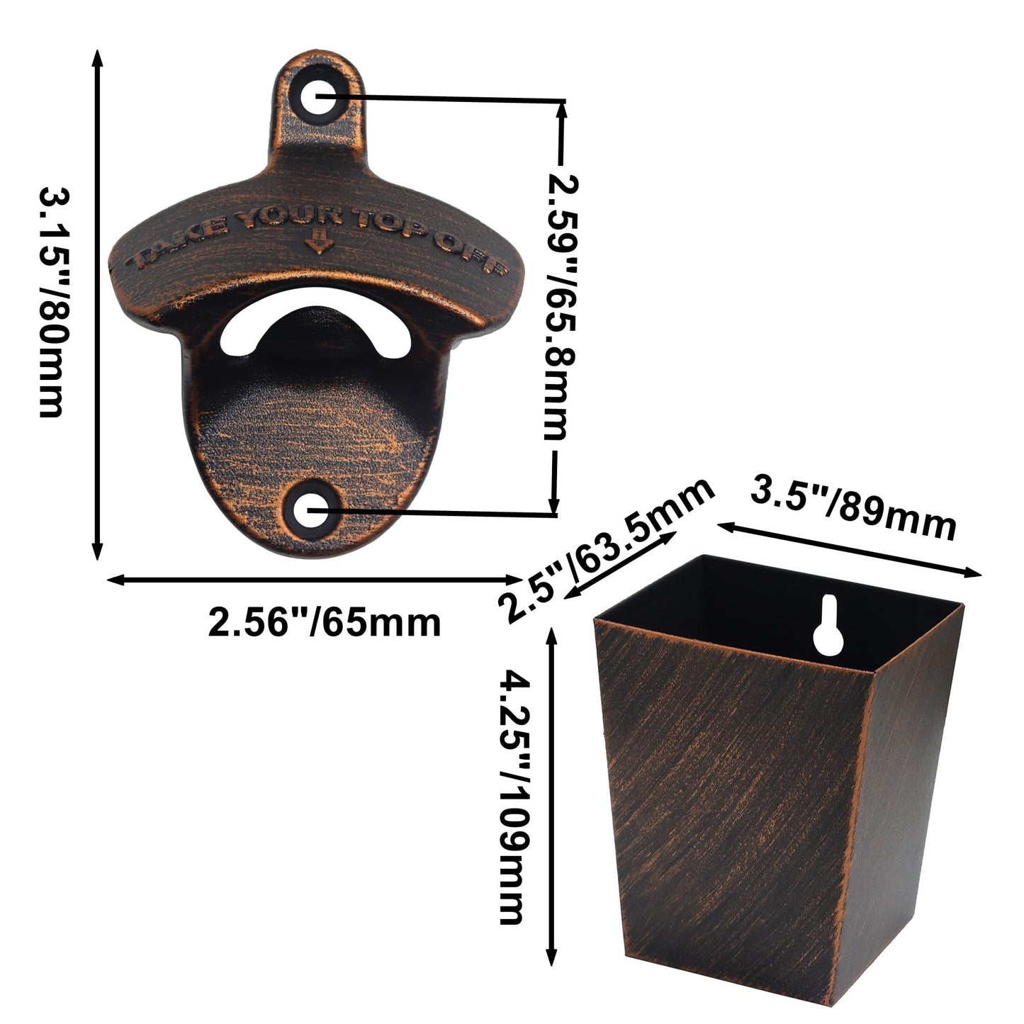 Jumiok Old Fashioned Wall Mount Beer Opener with Cap Catcher Rustproof, Antique Copper Mountable Soda Bottle Top Opener with Cap Bucket Post Mounted