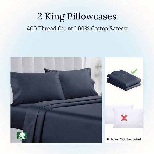 California Design Den King Size Pillowcase Set - 400 Thread Count, 100% Cotton Sateen, Soft Indigo Blue | Set of 2