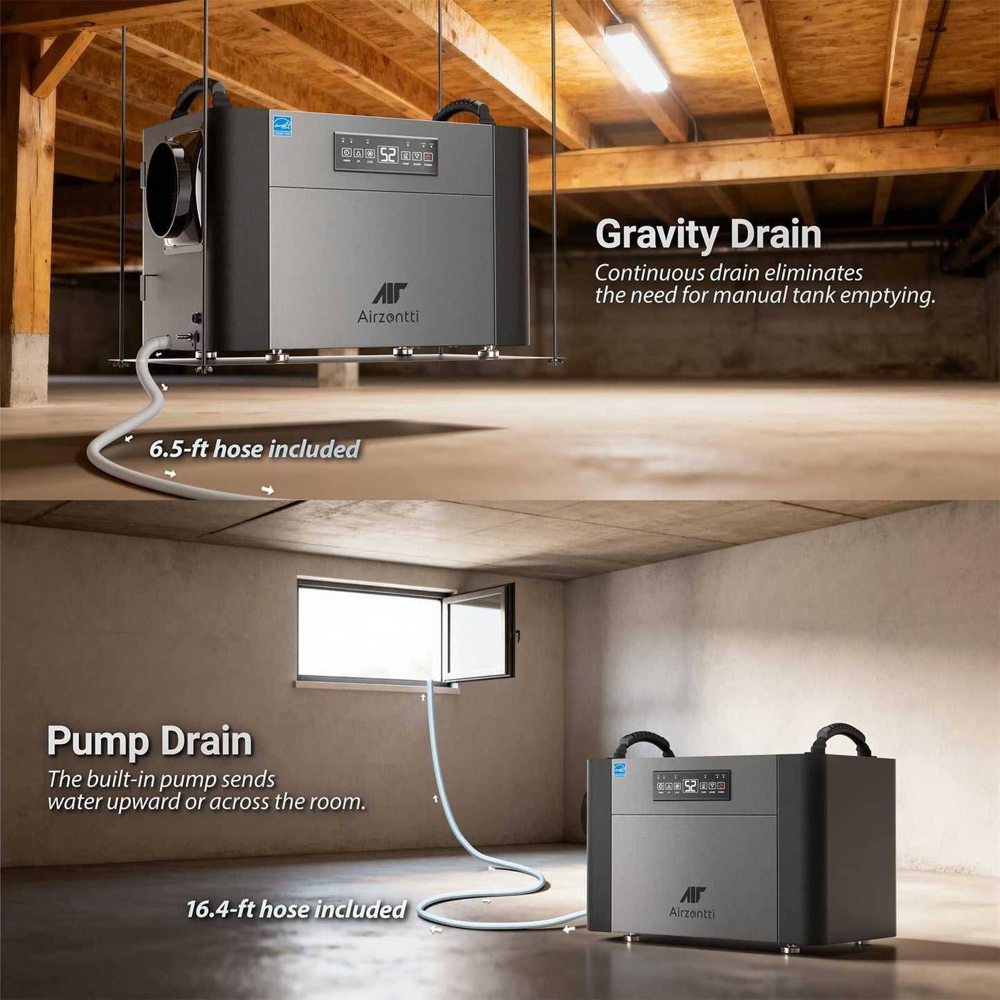 Airzentti 155 Pints Commercial Dehumidifier for Basement with Pump and Drain Hose, Large Space Dehumidifier for Crawl Space, Attic, Garage, Home, Industrial, Water Damage, Auto Defrost, Energy Star