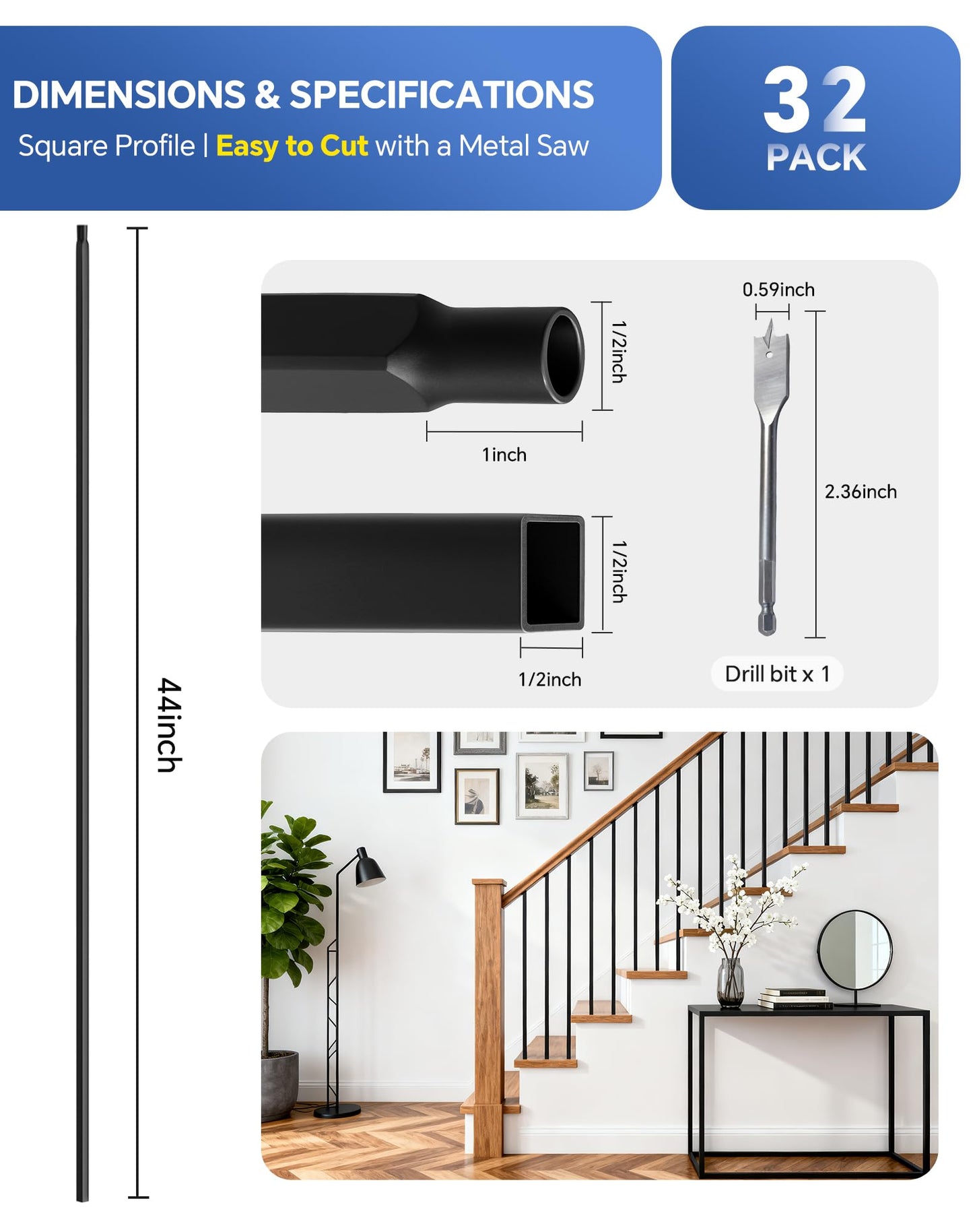 32 Pack Iron Balusters for Staircase Interior, 44 Inches Square Hollow Metal Balusters, 1/2" Wrought Iron Stair Hand Rail Spindles, Black Indoor Stair Railing, Tafbrik Metal Spindles for Staircase
