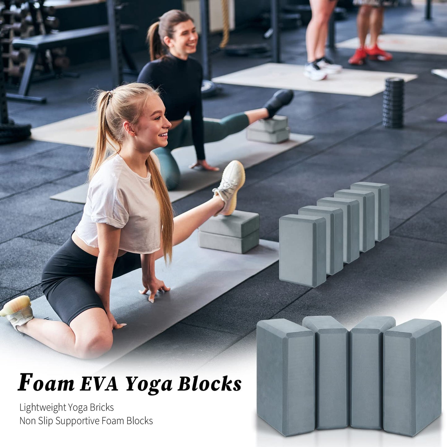 4 Pcs Yoga Blocks Soft EVA Foam Supportive Yoga Brick Non Slip Exercise Block Equipment for Pilates Exercise Workout Meditation Supplies, Grey, 9 x 6 x 3 Inches