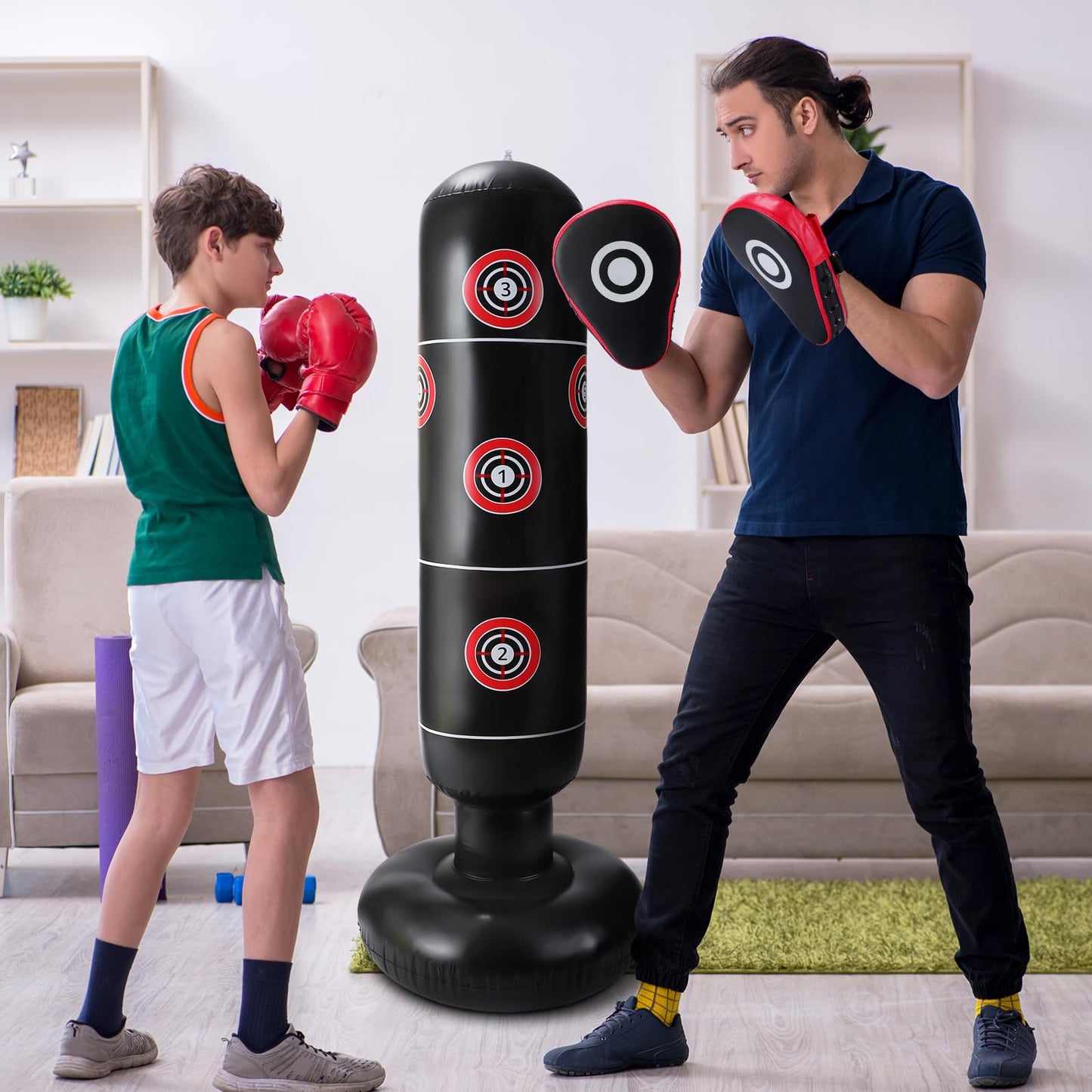 7 Pcs Kids Punching Bag Set Include Boxing Gloves, Inflatable Punching Bag, Hand Wraps, Hand Pads, Air Pump, Kids Boxing Training Set for Karate Kickboxing Taekwondo(Red)
