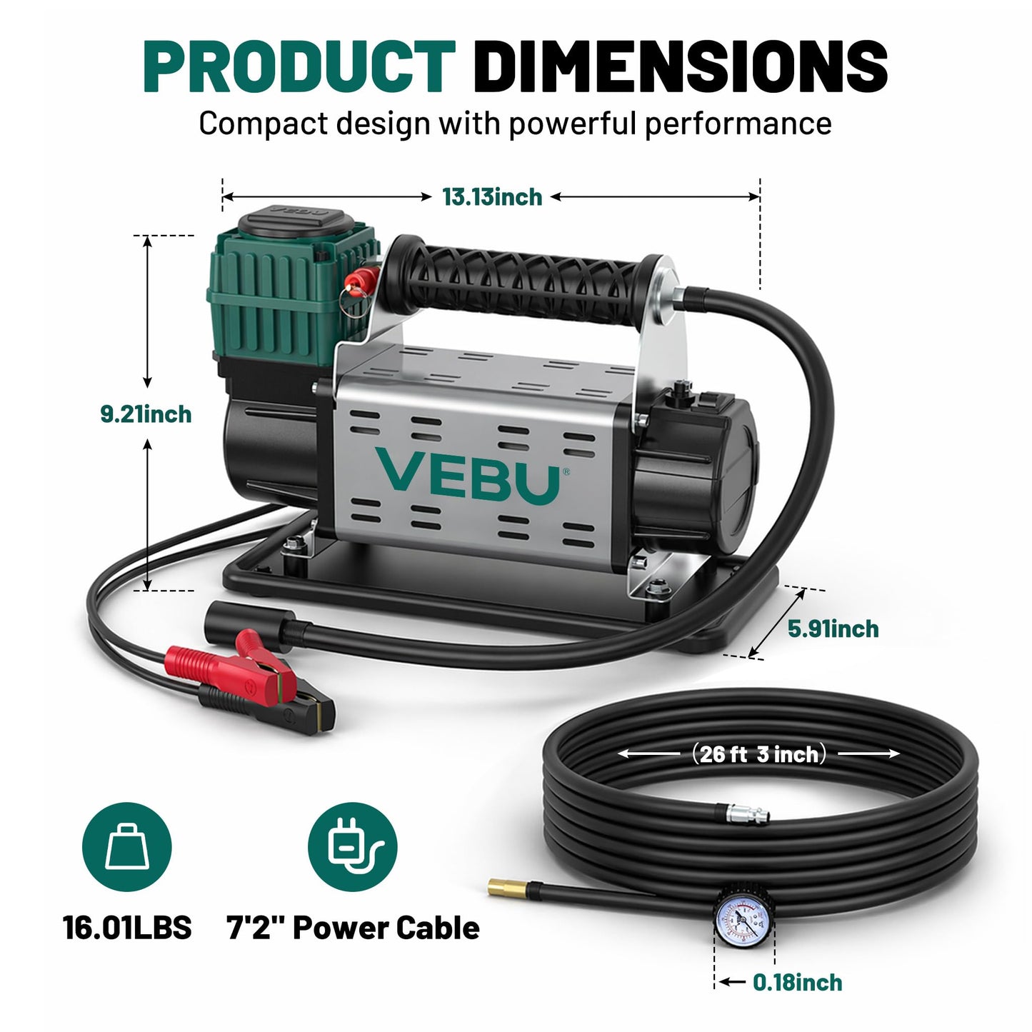 VEBU 12V Air Compressor, 125PSI Tire Inflator with In-line Pressure Gauge, 5.65CFM Fast Inflation for Off-road Vehicles, Trucks, SUVs, RVs, ATVs, DC Power, Corded Electric
