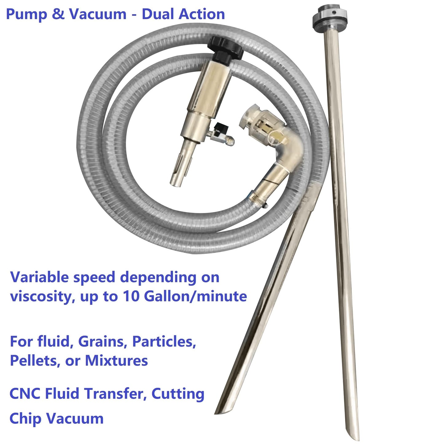 Oil Transfer Pump, Air Operated, Pneumatic, 55 Gallon Drum, 1.25 Inch ID, Teflon Packing, Chemical Transfer, Fast Fluid Transfer Speed, CNC Fluid Pump, CNC Chip Vacuum, In & Out Dual Action, DV-DP-55