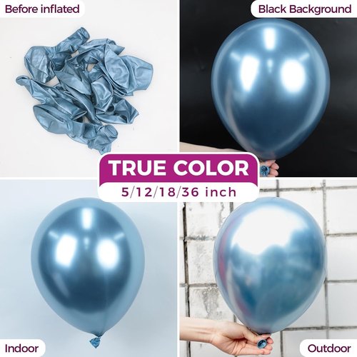 Bezente Metallic Light Blue Latex Balloons - 100 Pack 12-Inch Chrome Helium Balloons for Parties