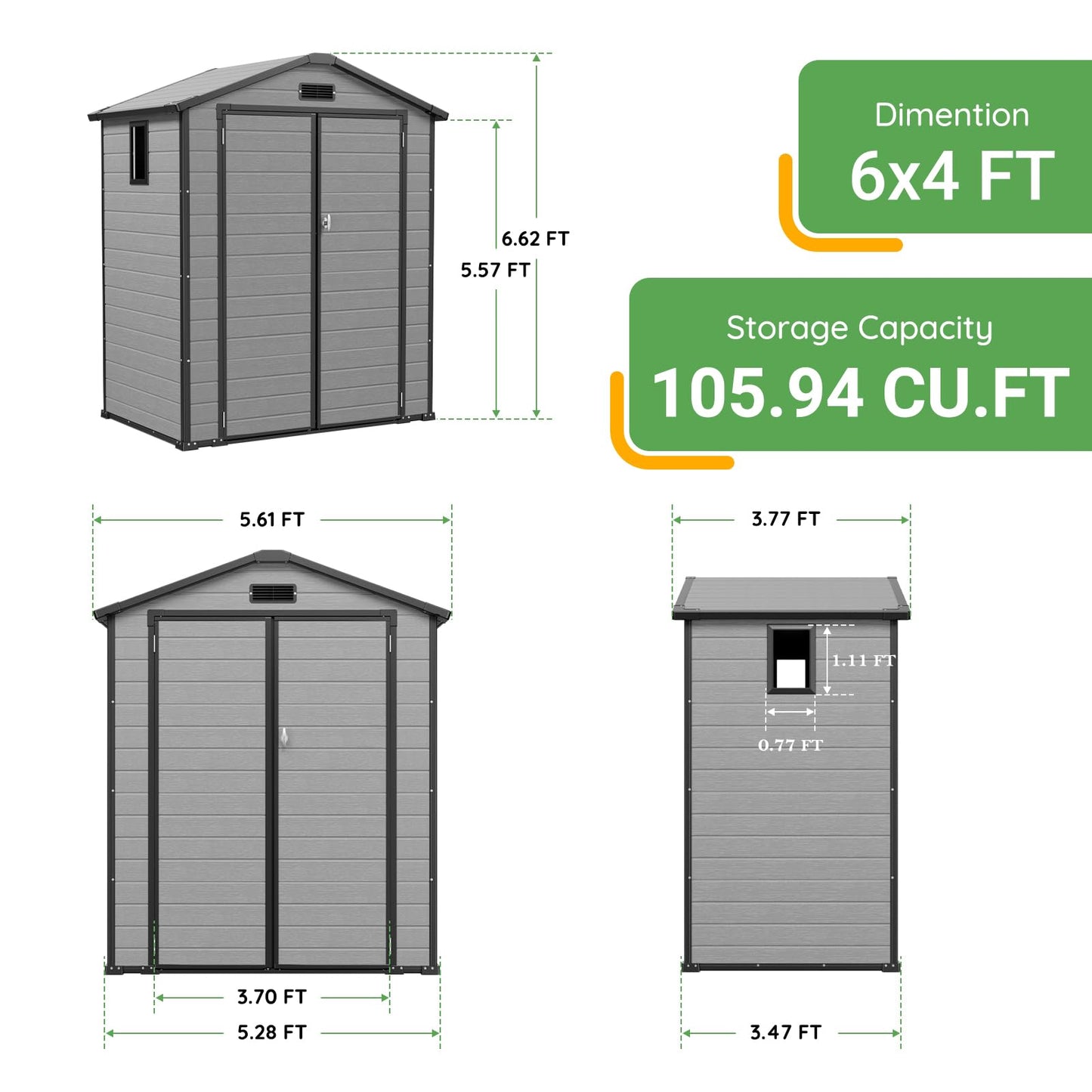 6x4 FT Plastic Storage Shed with Floor, Easy Setup Outdoor Resin Shed Garden Shed Outside Storage with Windows and Lockable Doubles Doors for Lawn Mower, Bike, Tool Storage