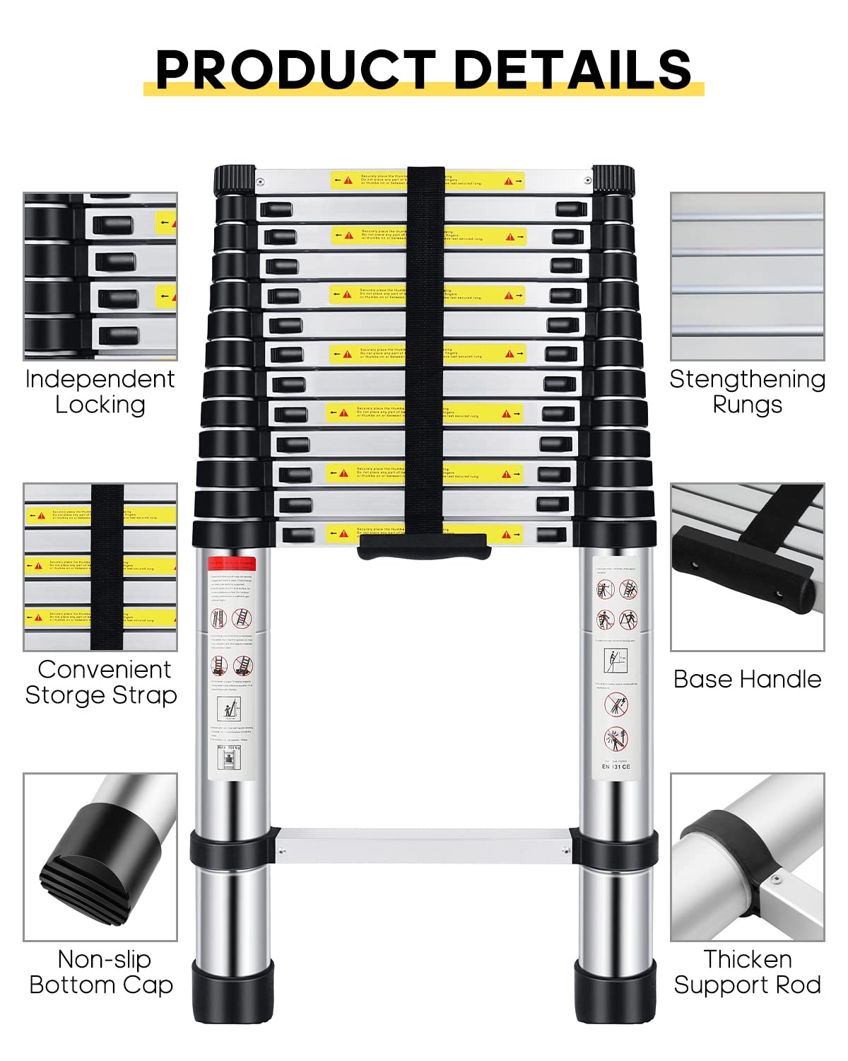 Telescoping Ladder,16.5 FT Aluminum Extension Ladder with 2 Replacement of Non-Slip Rubber Cover, 330 lbs Max Capacity, Multi-Purpose Collapsible Ladder for RV or Outdoor Work