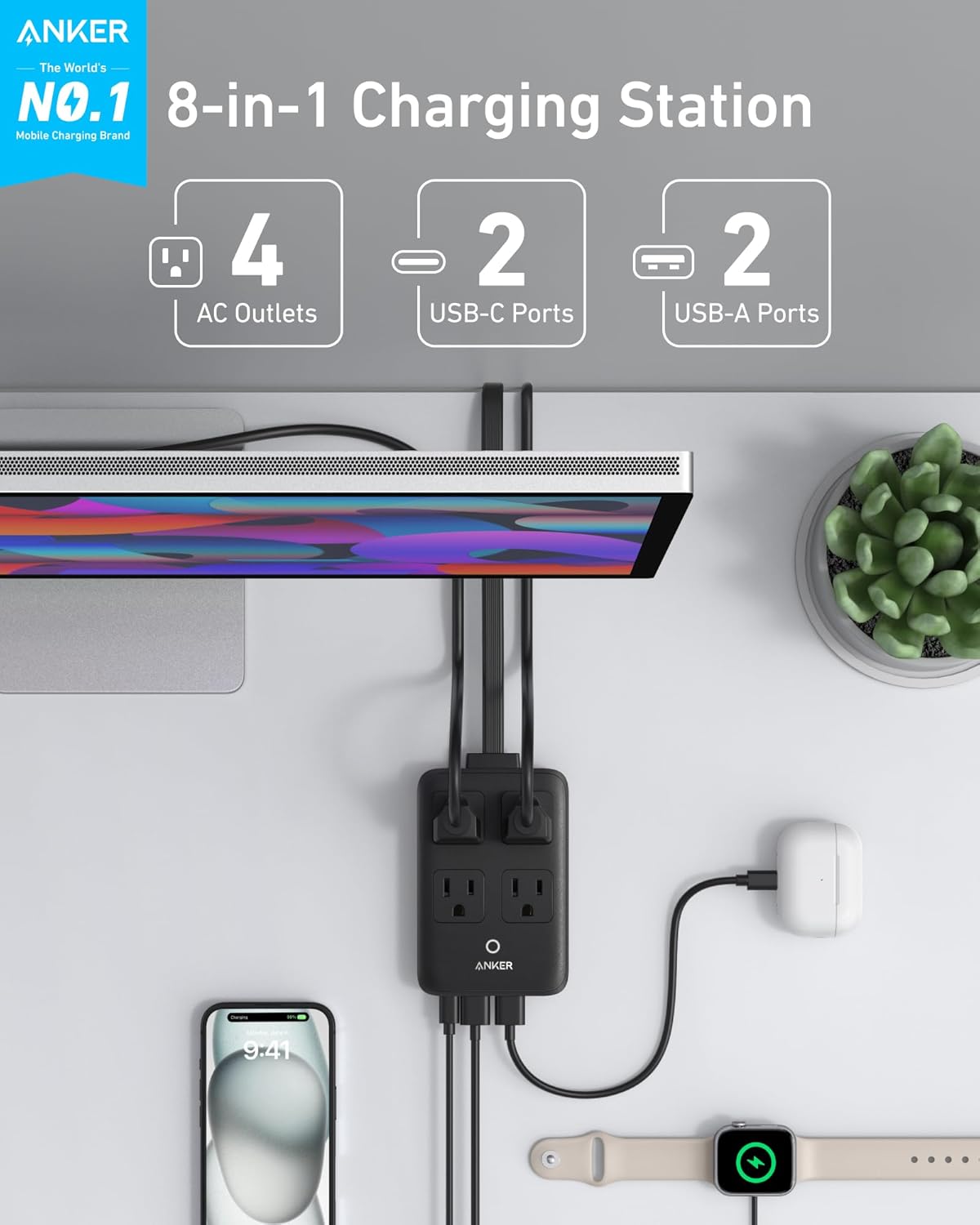 Anker 20W 8-in-1 15/14 5 4 2 2 Charging Station, Max USB-C Power Strip for iPhone and MacBook Air/Pro, ft Thin Cord