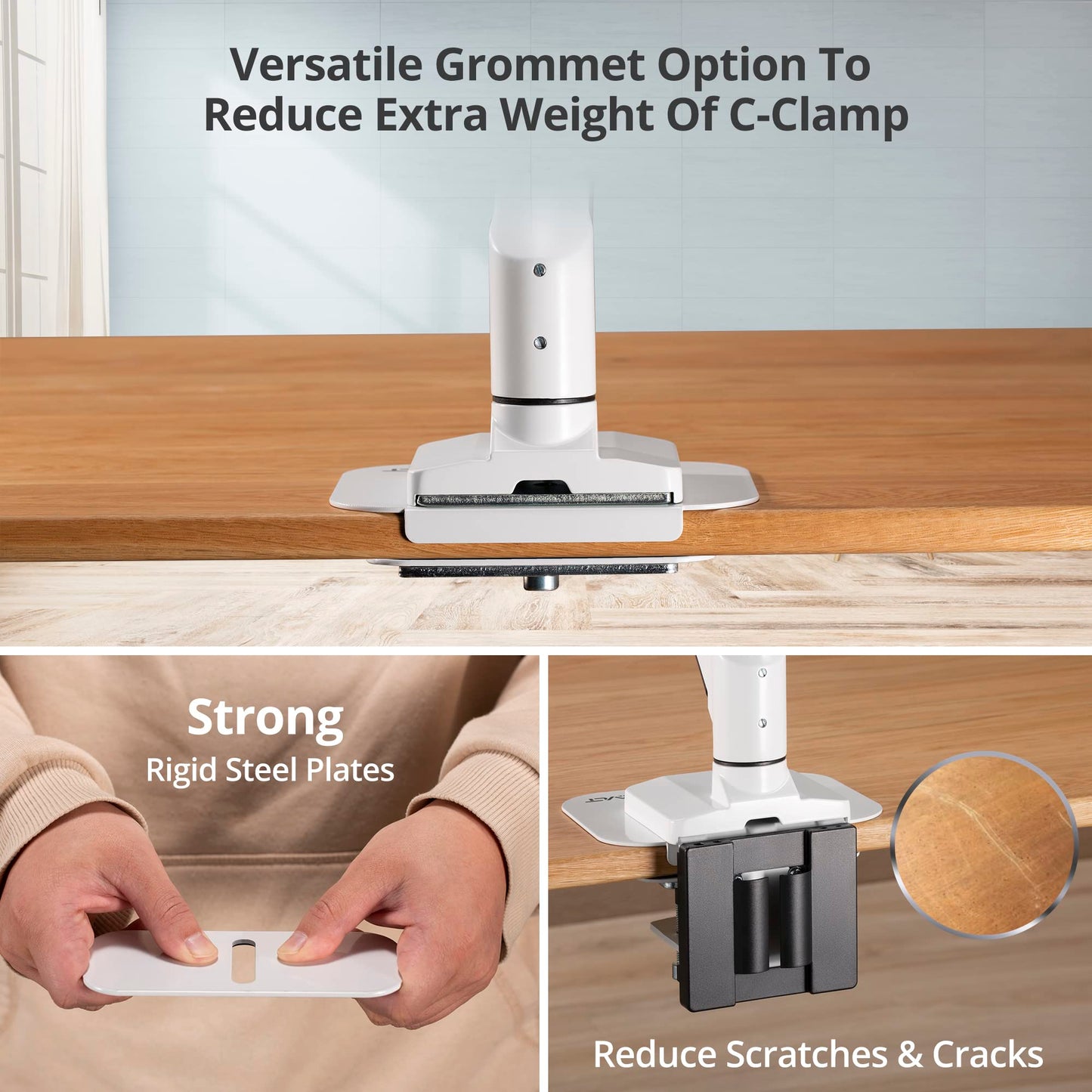AVLT Adjustable Reinforcement Plate Bracket Mount for Fragile Tabletop - Supports Monitor Stand with C Clamp Or Grommet Installation - White
