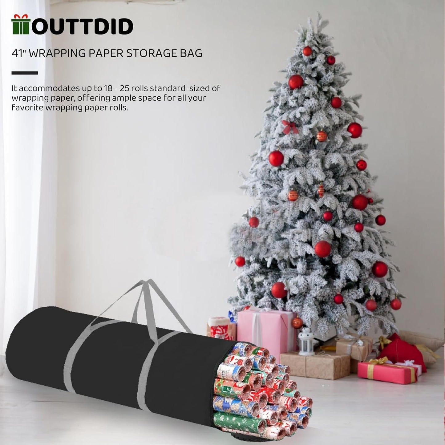 OUTTDID Gift Wrapping Paper Organizer - Durable 600D Oxford Fabric, Holds 18-25 Rolls, Black with Handles & Zipper