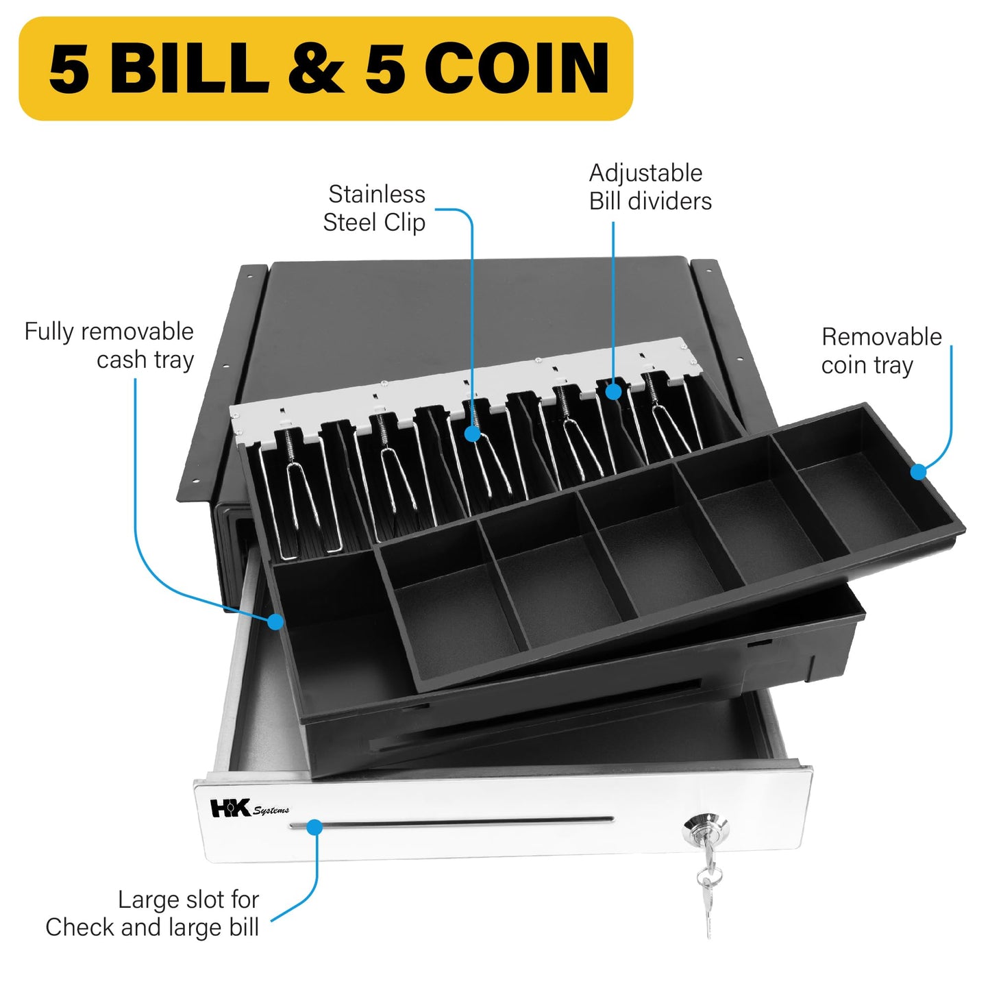 HK SYSTEMS 16" Heavy Duty Black Push Open Cash Drawer, 5B5C with Under Counter Mounting Metal Bracket