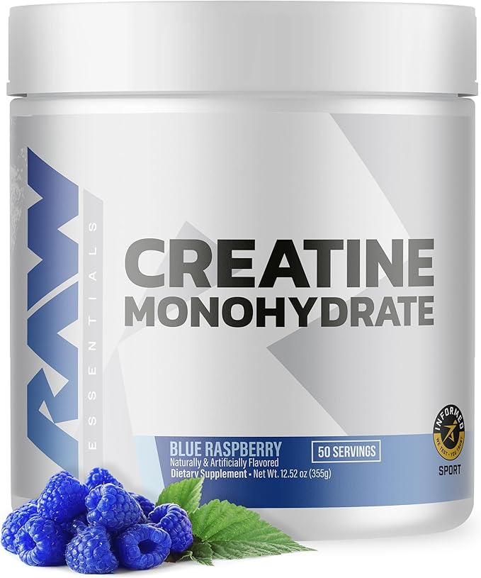 RAW Nutrition Creatine Monohydrate Powder, Blue Raspberry (30 Servings) - Micronized Creatine Monohydrate Supplement for Workout Performance, Build Muscle & Strength - Creatine Powder for Men & Women