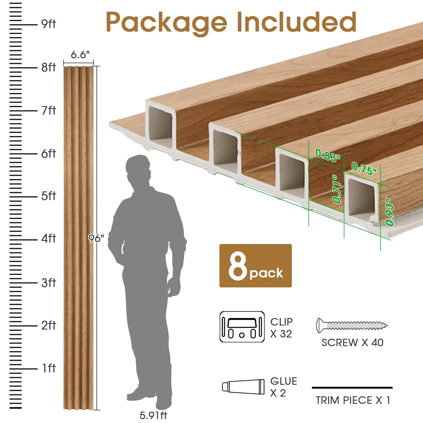 LARWORKS WPC Slat Wall Panels 8 Pack 96" x 6.6", Waterproof Fluted Wall Paneling, Accent 3D Wall Panel for Wall Decor, Bathroom, Bedroom, Office - High Grille Elm (Cover Approx.35 sq.ft)