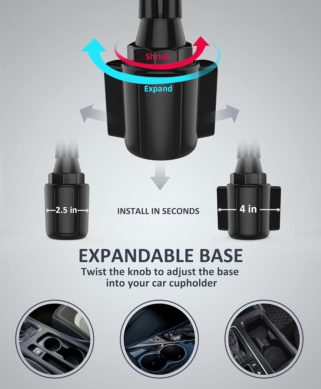 CAVIANA 360 2 Dual Phone Holder for Car Cup Holder Long Flexible Neck, Rotatable Car Phone Mount - Adjustable Cell Cup