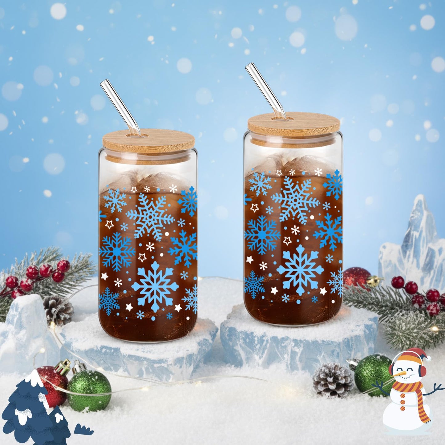Yetene 24 Pack Snowflake Glass Cups Gifts 16 oz Color Changing Winter Glass Tumblers with Lids Straws Brushes Snowflake Lights Iced Coffee Cups for Women Men Employee Coworkers Holiday Party Favors