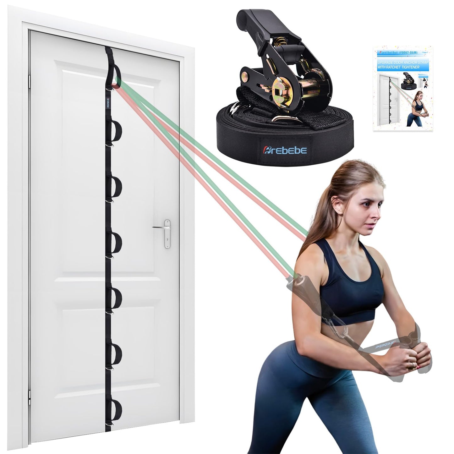 Brebebe Upgrade Door Anchor Strap for Resistance Bands Exercise, Multi Points Anchor Straps with 7 Loops+ 7 D Rings, Home Gym Workout Equipments with Ratchet Adjust Tighten Straps Not Loose, Sturdy