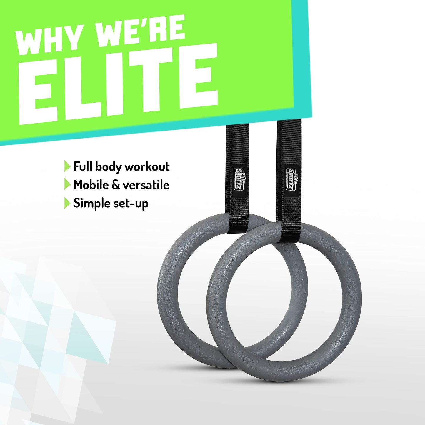Elite Sportz Gymnastic Rings - Exercise Ring Set for Total Body Strength Training & Pull Ups w/Secure Buckles & Straps - 2 Non Slip Olympic Rings, Indoor Workout Equipment for Kids & Adults