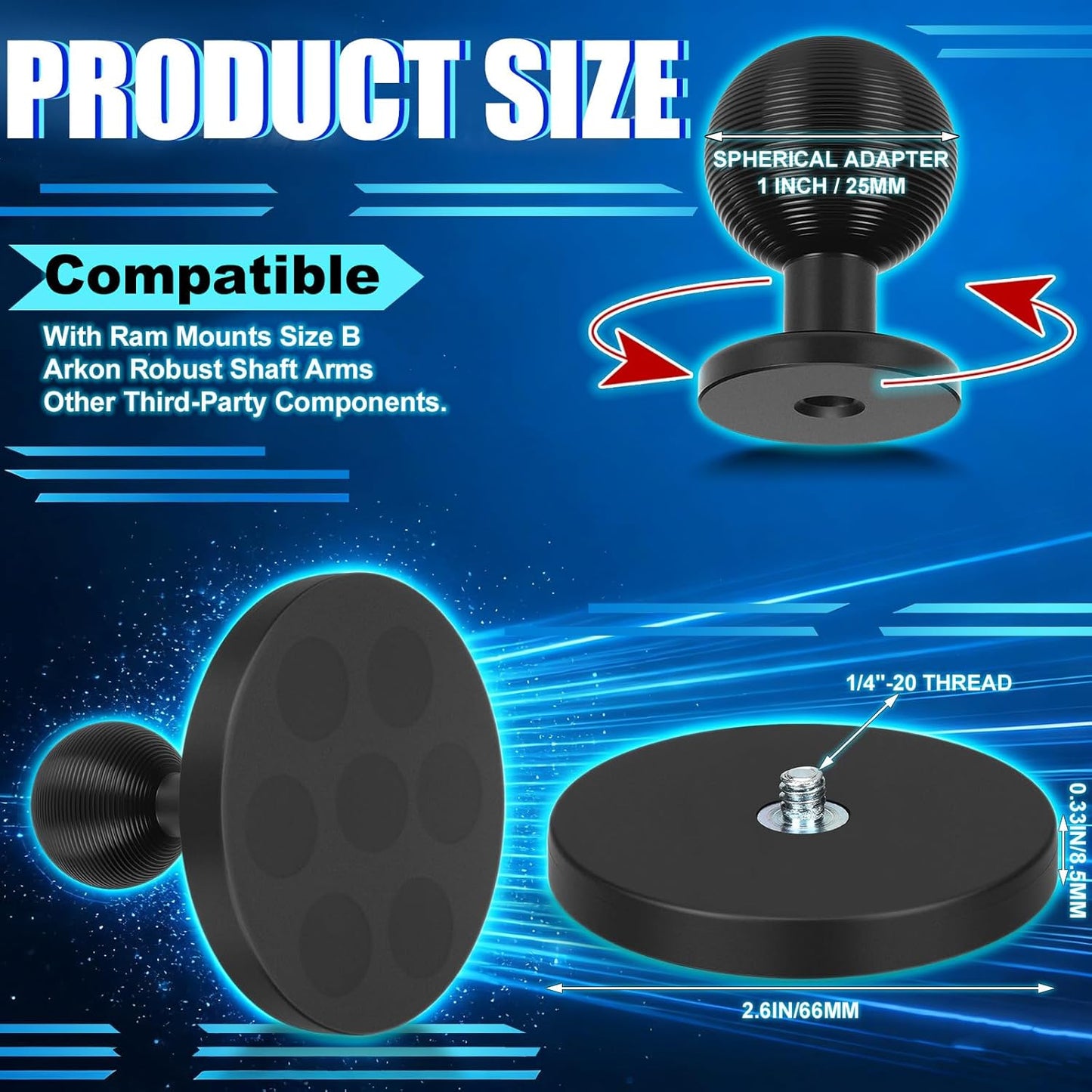 Youyole 66 mm (2.6) 25 mm (1 Inch) Diameter Round Magnetic Base Aluminum Ball Magnetic Heavy-Duty Ball Magnets Arm