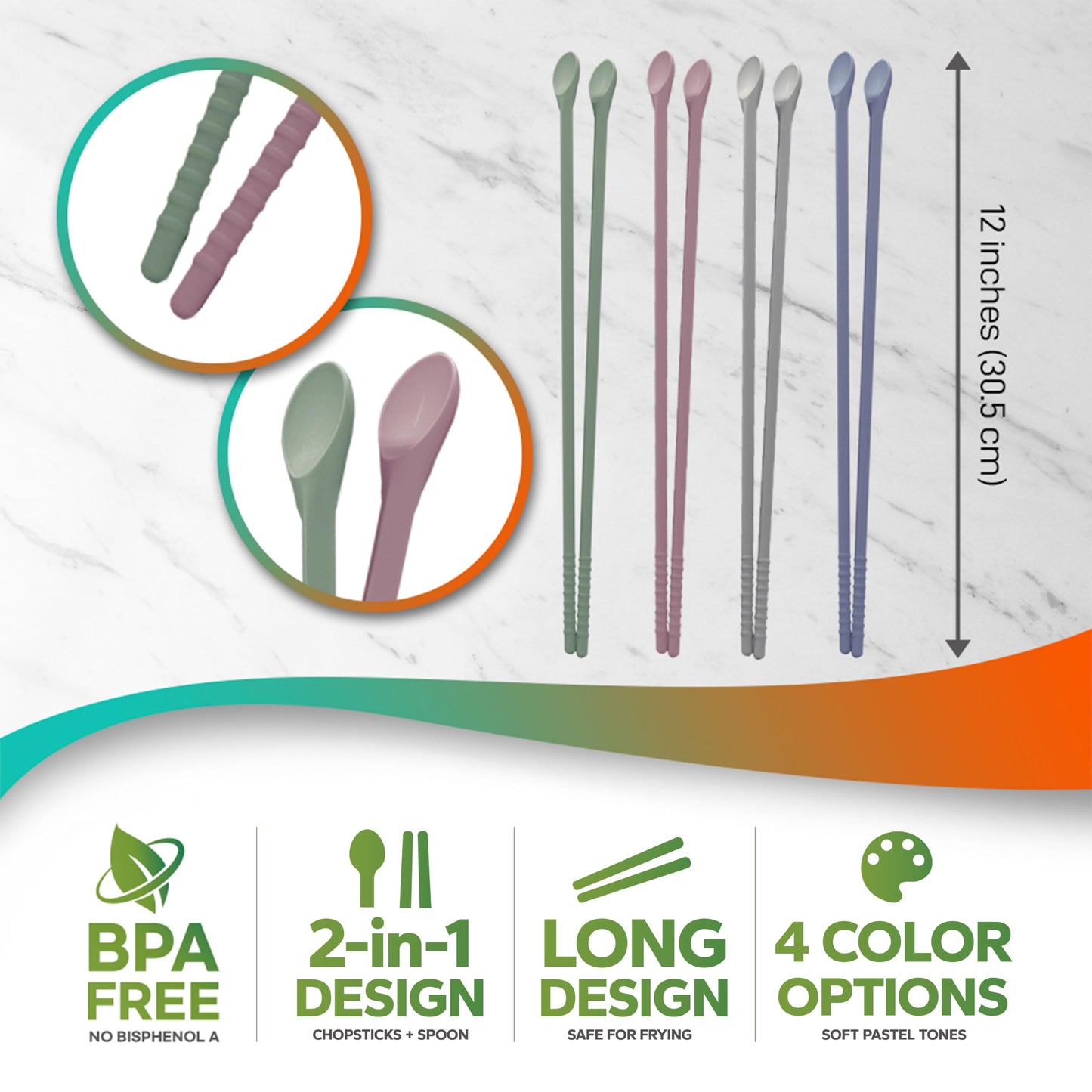 RECOHOME Reusable Long Silicone Cooking Chopsticks with Spoon - 12 Inches 3 Color Set, Eco-Friendly, Heat-Resistant, Non-Scratch, Korean, Japanese Asian Kitchen cookware. (Pink, Green, Grey, 3 Pair)
