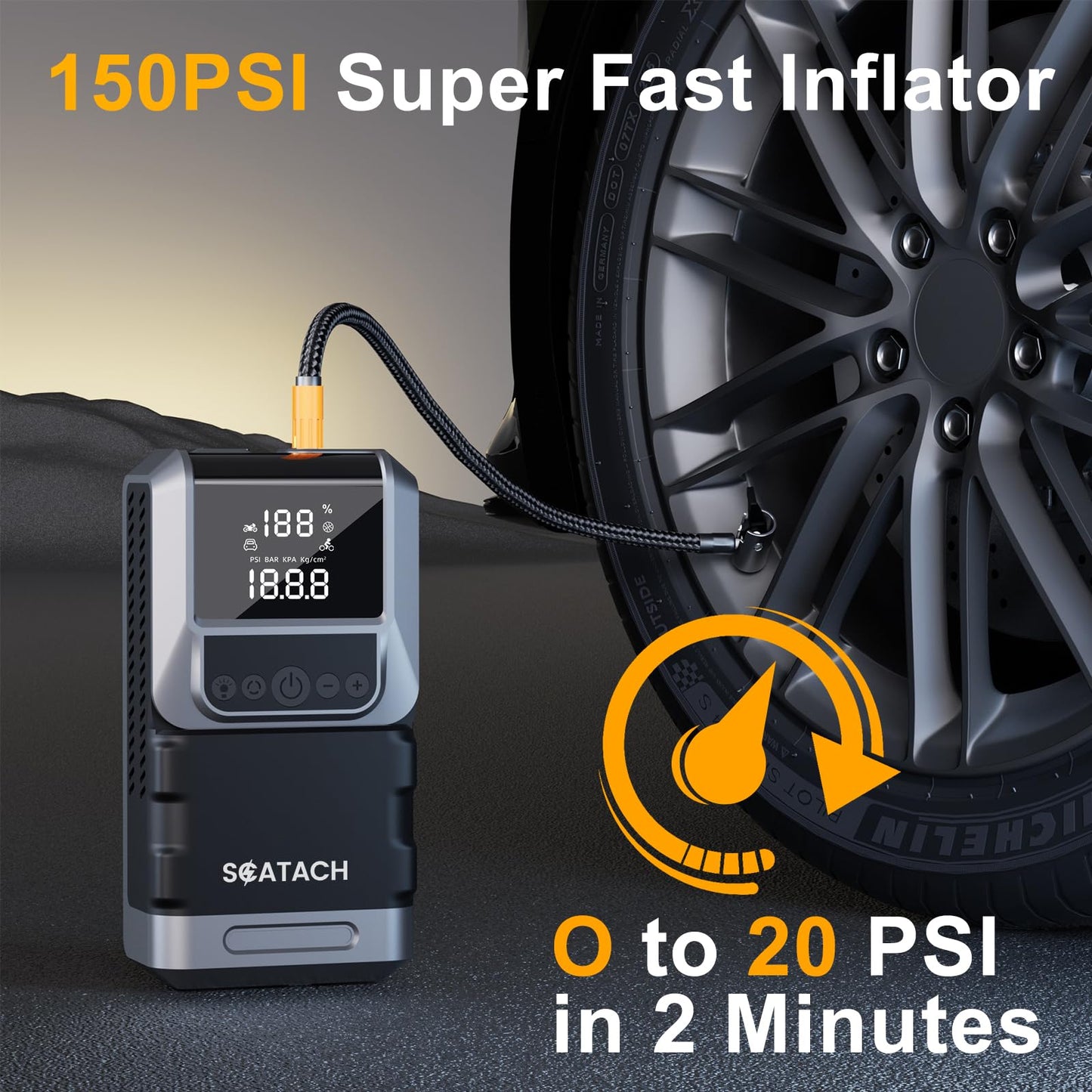 Jump Starter with Air Compressor, 6000A 150PSI Car Battery Jump Starter (10.0 Gas/8.0L Diesel) Battery Jumper Starter Portable 12V Jump Box with Jumper Cables, LED Light, LED Display