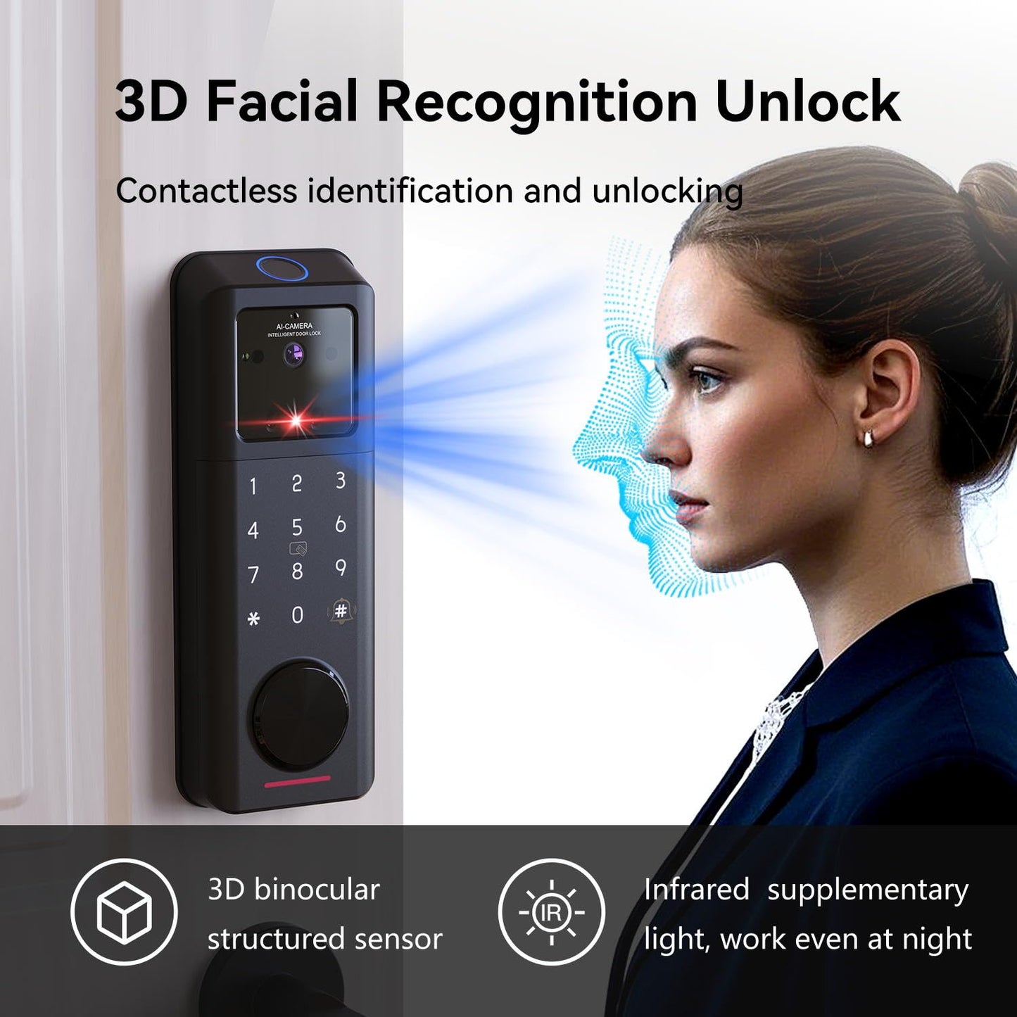 3D Face Recognition Smart Lock with Camera, Palm Vein, Fingerprint & Keypad Access, Keyless Entry Biometric Deadbolt for Front Door, Video Doorbell, 2-Way Audio, Night Vision, Tuya App, Alexa