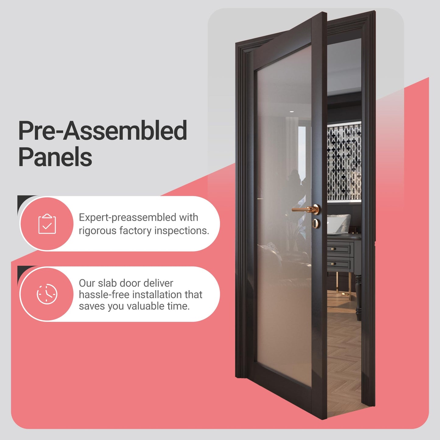 30" x 80" Frosted Glass Slab Door, 1-Lite Glass French Interior Door, Pre-Assembled Solid Wood Barn, Pocket Doors for Living Room Pantry Laundry Closet Bathroom Black Pre-Finished Surface w/o Hardware