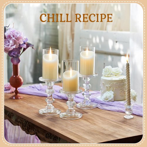CHILL RECIPE Glass Candle Holder Set - Heavy Tall Crystal Holders for Pillar & Taper Candles | Set of 3