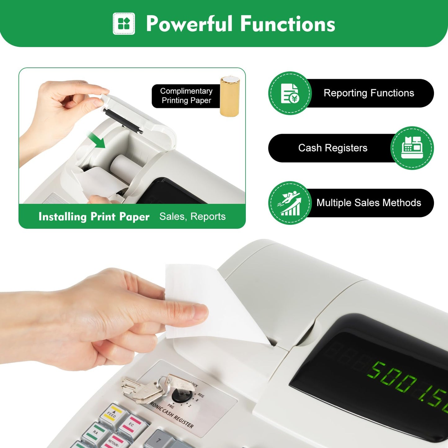 Ageanbri Cash Management System Electronic POS System Commercial Cash Register with Flat Keyboard&Thermal Printer,Multifunctional Cash Register 47 Keys LED for Retail/Restaurant (White)