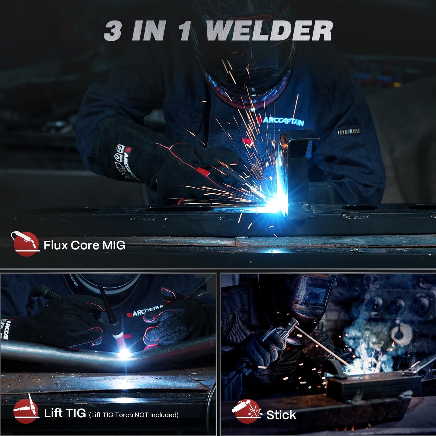 ARCCAPTAIN 135A MIG Welder [Large LED Display] 110V Welder Flux Core MIG, Lift TIG, Stick, 3 in 1 Welding Machine Gasless MIG Welder Machine 110V, IGBT Inverter Welder with Synergy, 2T/4T