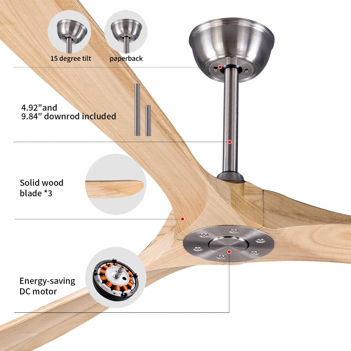 Bigzone 88'' Large Ceiling Fan No Light With Remote, DC Motor Quiet Energy Saving,3 Balsa Wood Blades,Outdoor/Indoor fan, Metal Brushed Nickel Metal Brushed Nickel-Burlywood Blade