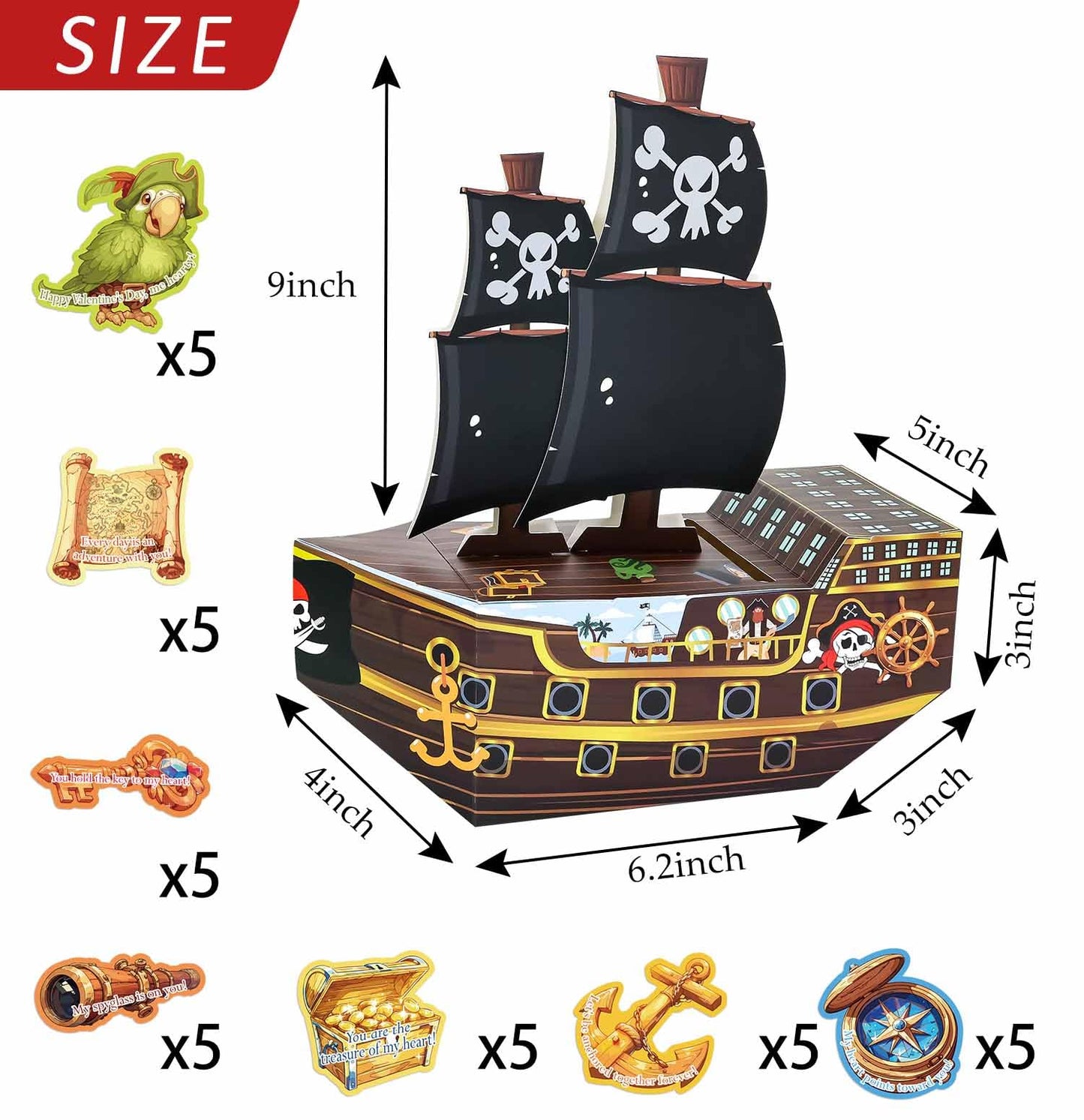 SietDESEO Pirate Ship Valentines Card Box Valentines Day Cards for Kids Boys Girls School Classroom Gift Exchange 3D Pirate Boat Valentine Mailbox with 35 Valentine Cards