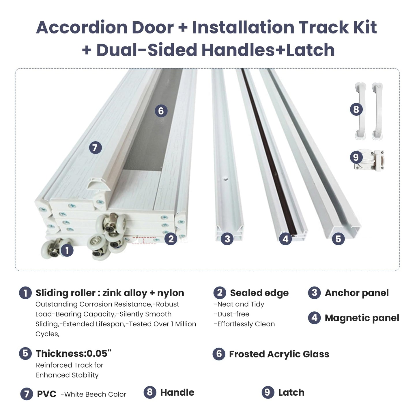 DIYHD 48X80in Glass Accordion Door with Latch&Handle, Double-Layer Thickened PVC Folding Interior Door with Frosted Acrylic - Blocks Views, Lets Light In, Easy Install for Closet, Utility&Room Divider