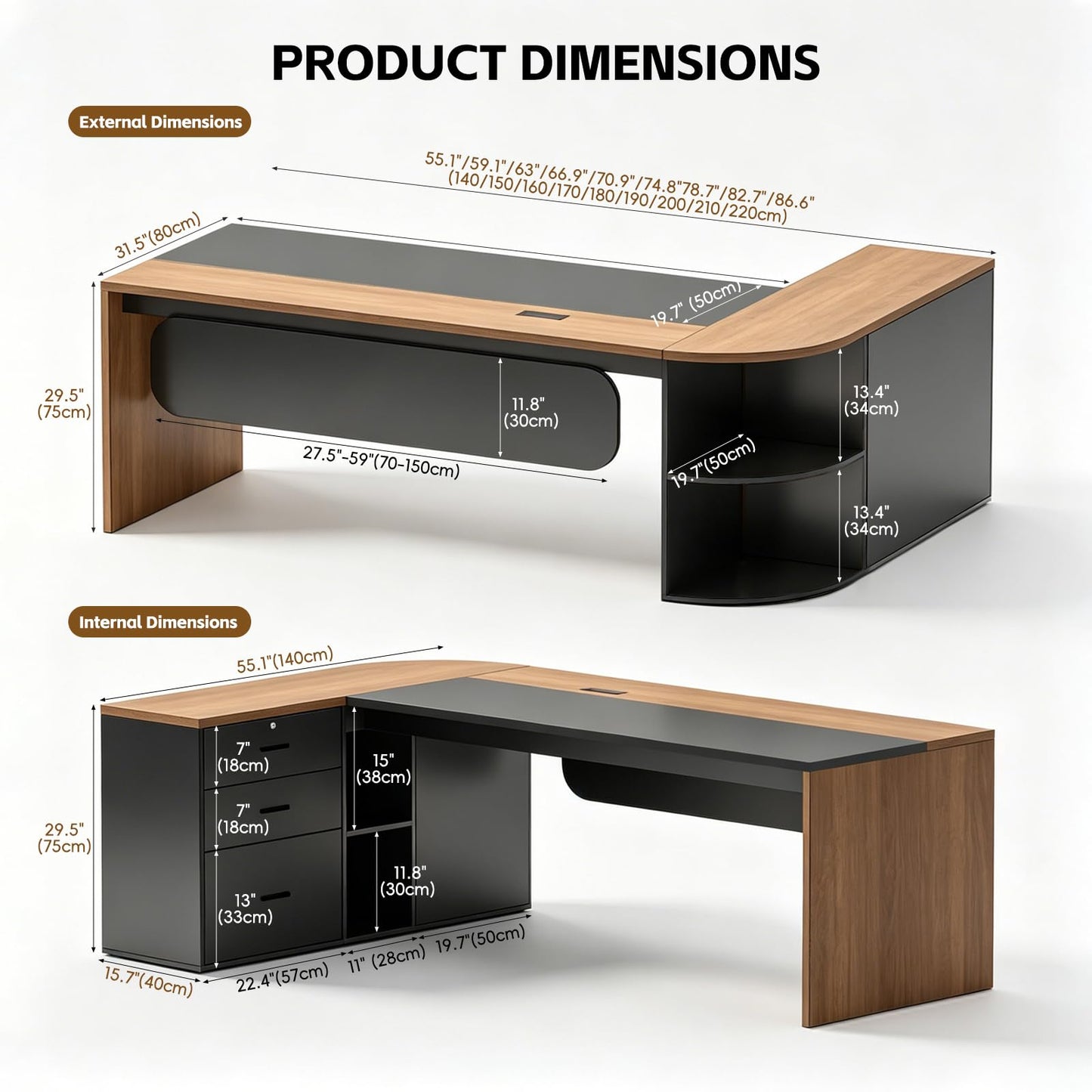 SimpArt Executive L-Shaped Office Desk with Storage Shelves, Modern Executive Desk with Curved Edge, Large Workstation Desk for Home Office, Business Office Furniture