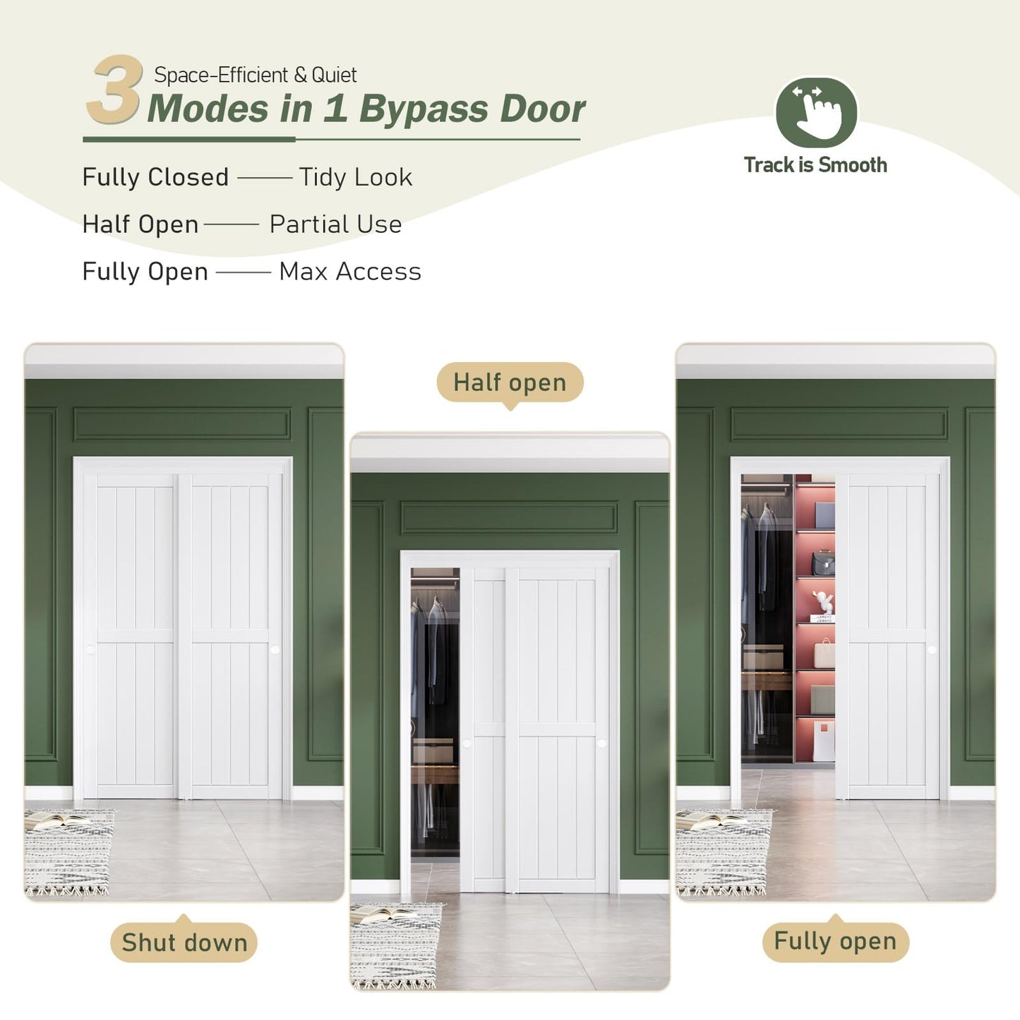 FREDBECK Sliding Closet Doors 48x80(Double 25inch),Bypass Barn Door with Hardware,for Bedroom,White,H Frame,Assemble Required