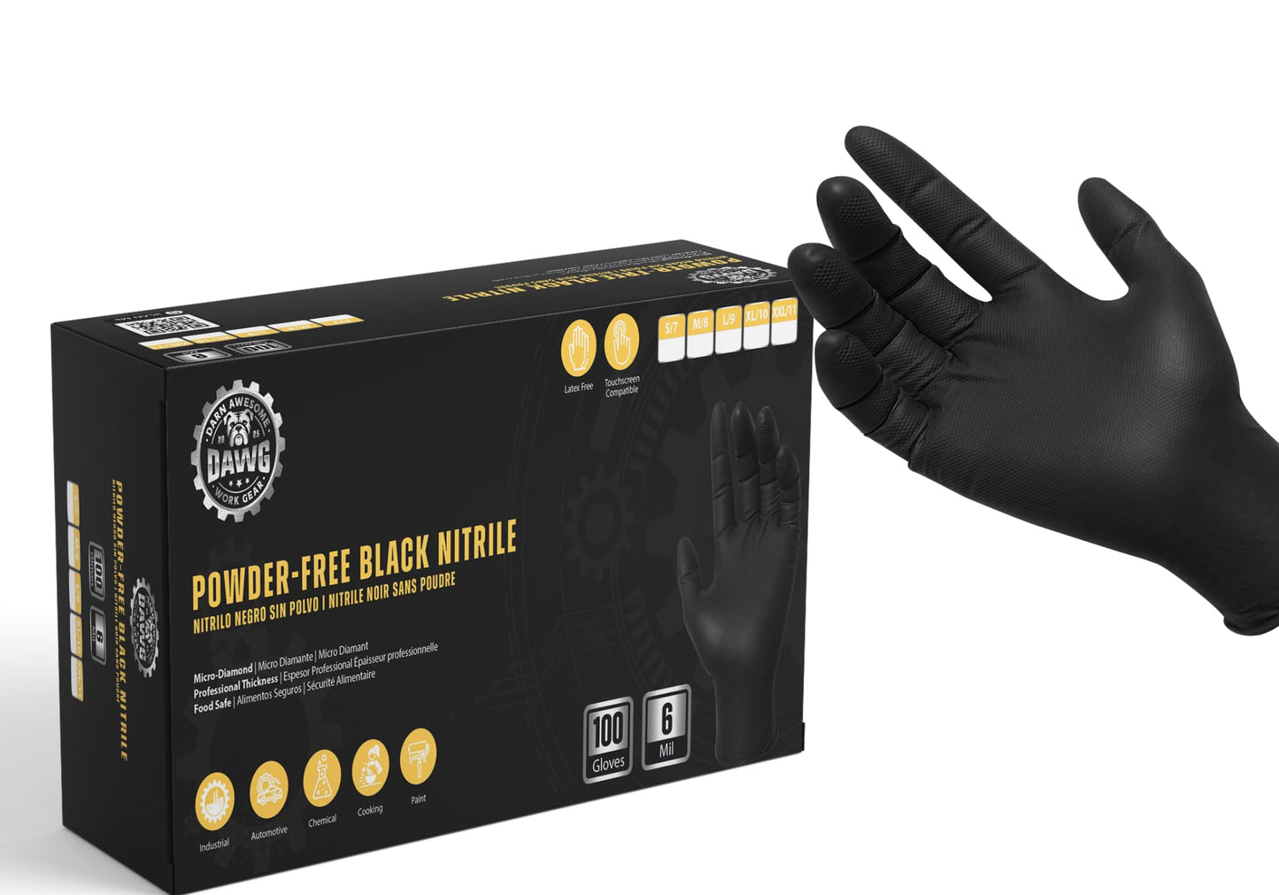 DAWG Black Nitrile Gloves, Disposable, Latex Free - Diamond Grip and Powder Free for Cleaning, Cooking, Safe Food Prep, Mechanic Work, General Service, Tattoo, Hair Dye - Professional Grade Medium