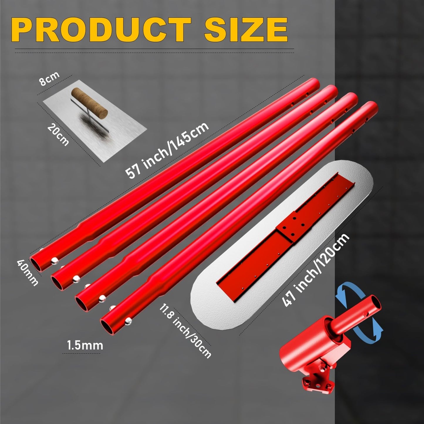 48" x 12" Concrete Bull Float Kit, Stainless Steel Round End Finishing Trowel with 57'' Adjustable Handle, Heavy Duty Concrete Smoothing Tool for Cement, Driveway, Patio