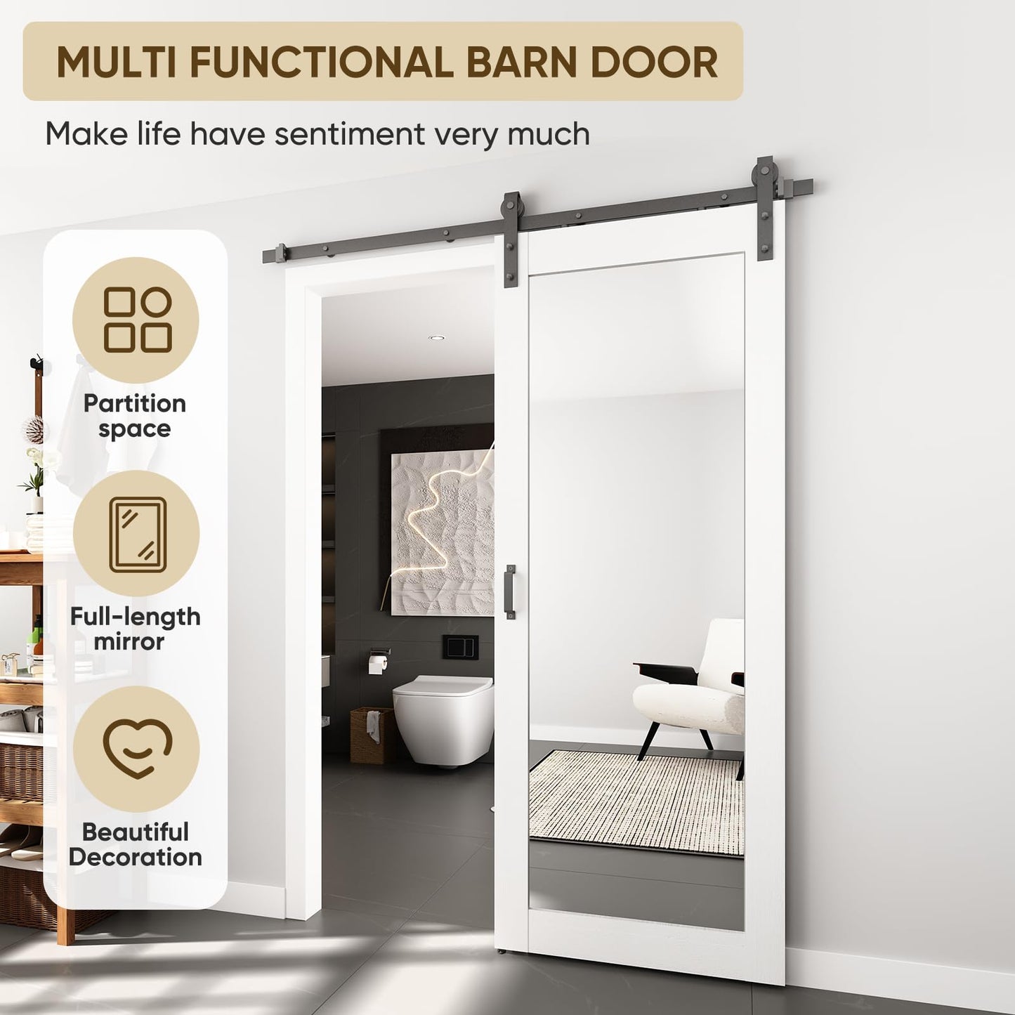 BARNSMITH 36in x 80in Mirror Barn Door with 6.6FT Sliding Door Hardware Kit Included, 1 Lites Full Length Mirror Door, Solid Wood Water-Proof PVC Surface,No Assembly Required,White