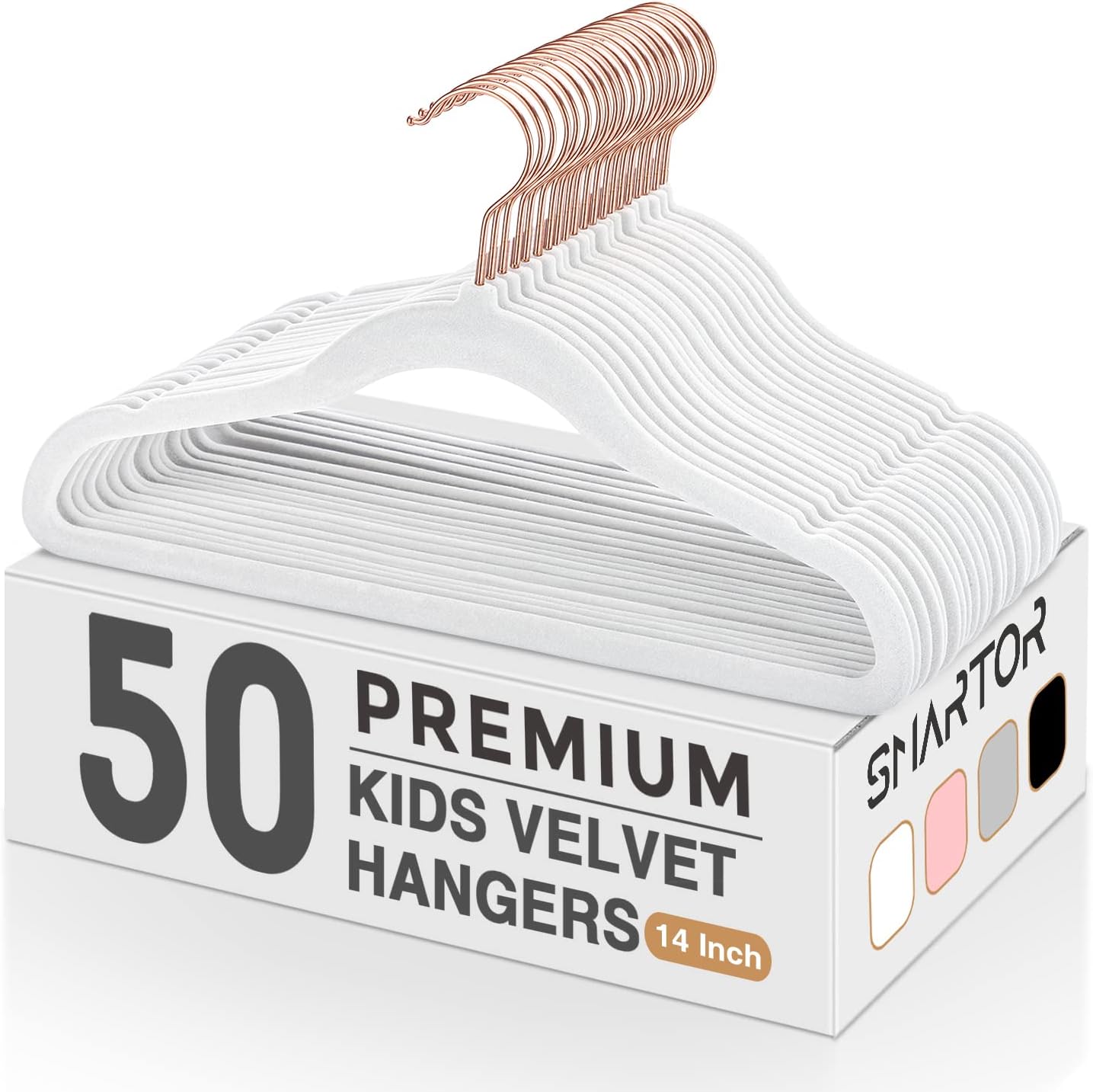 Smartor Kids Velvet Hangers - 50 Pack Premium Non-Slip Felt Hangers for Toddler Clothes | 14 Inch, White with Rose Gold Hook