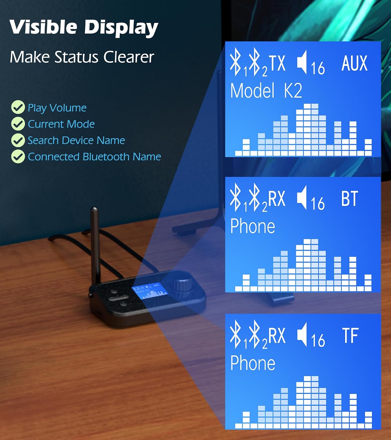 KAIY 3.5mm/Optical/TF Bluetooth Transmitter for TV Dual Headphones, Bluetooth Adapter for TV LCD Display Adjustable